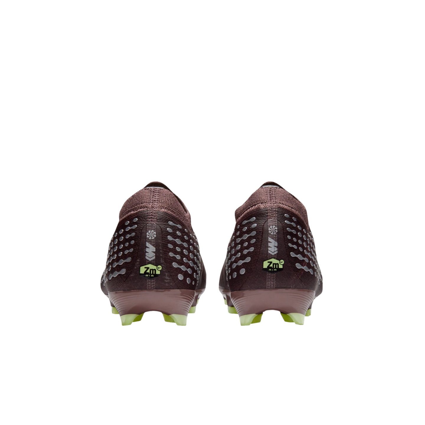 Rear view of two burgundy Nike soccer cleats with silver patterns and lime green accents against a black background.