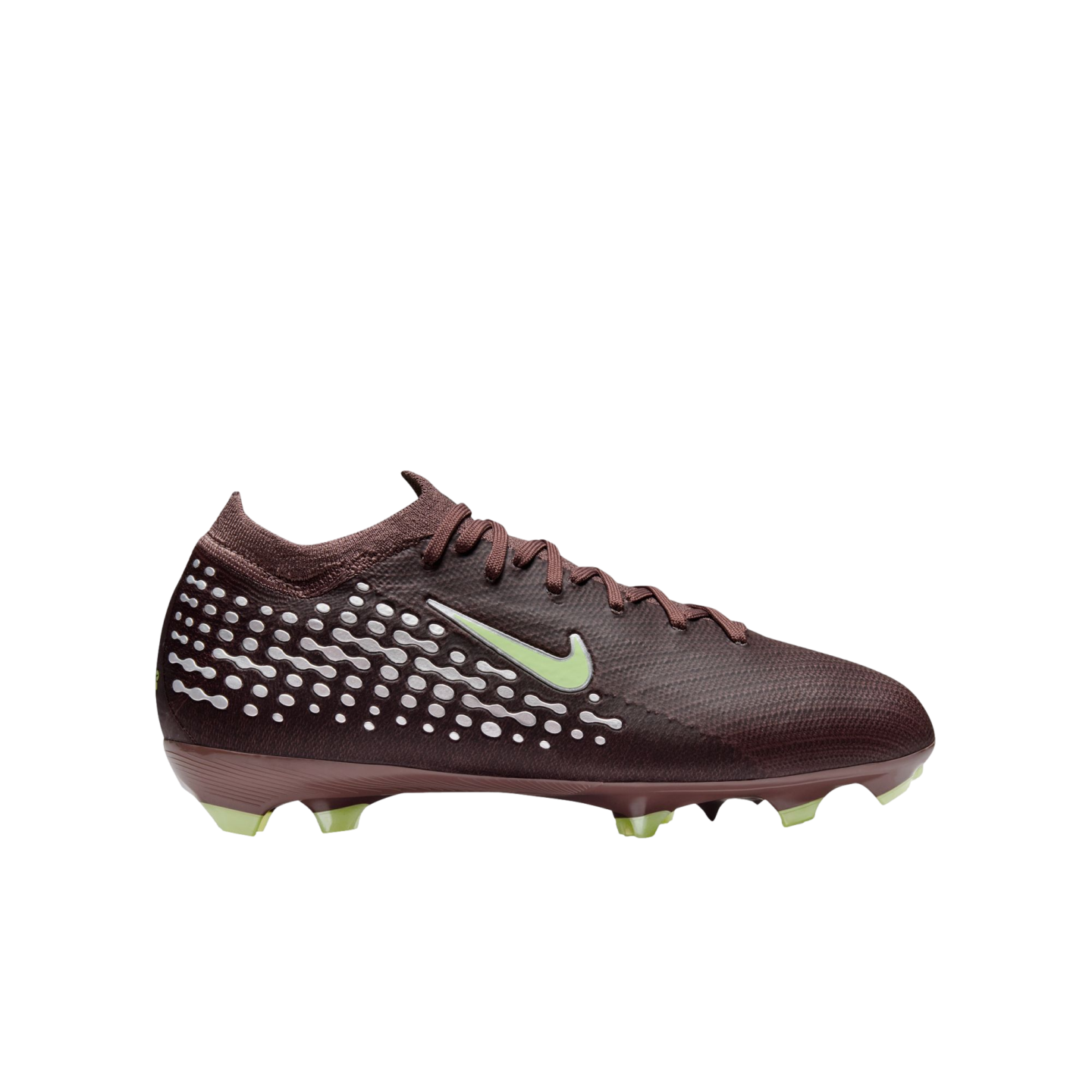 A side view of a burgundy Nike soccer cleat with white textured dots and pale green accents on the swoosh and studs.
