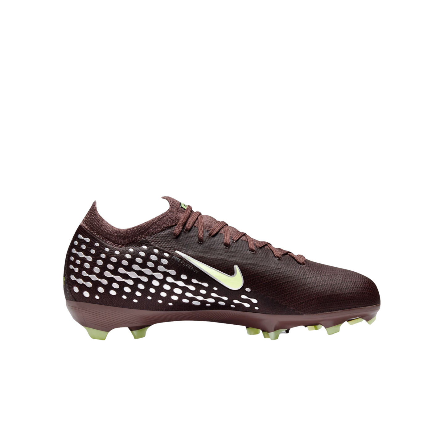 Profile of a burgundy Nike soccer cleat with light yellow accents and white patterned dots, set against a solid black background.