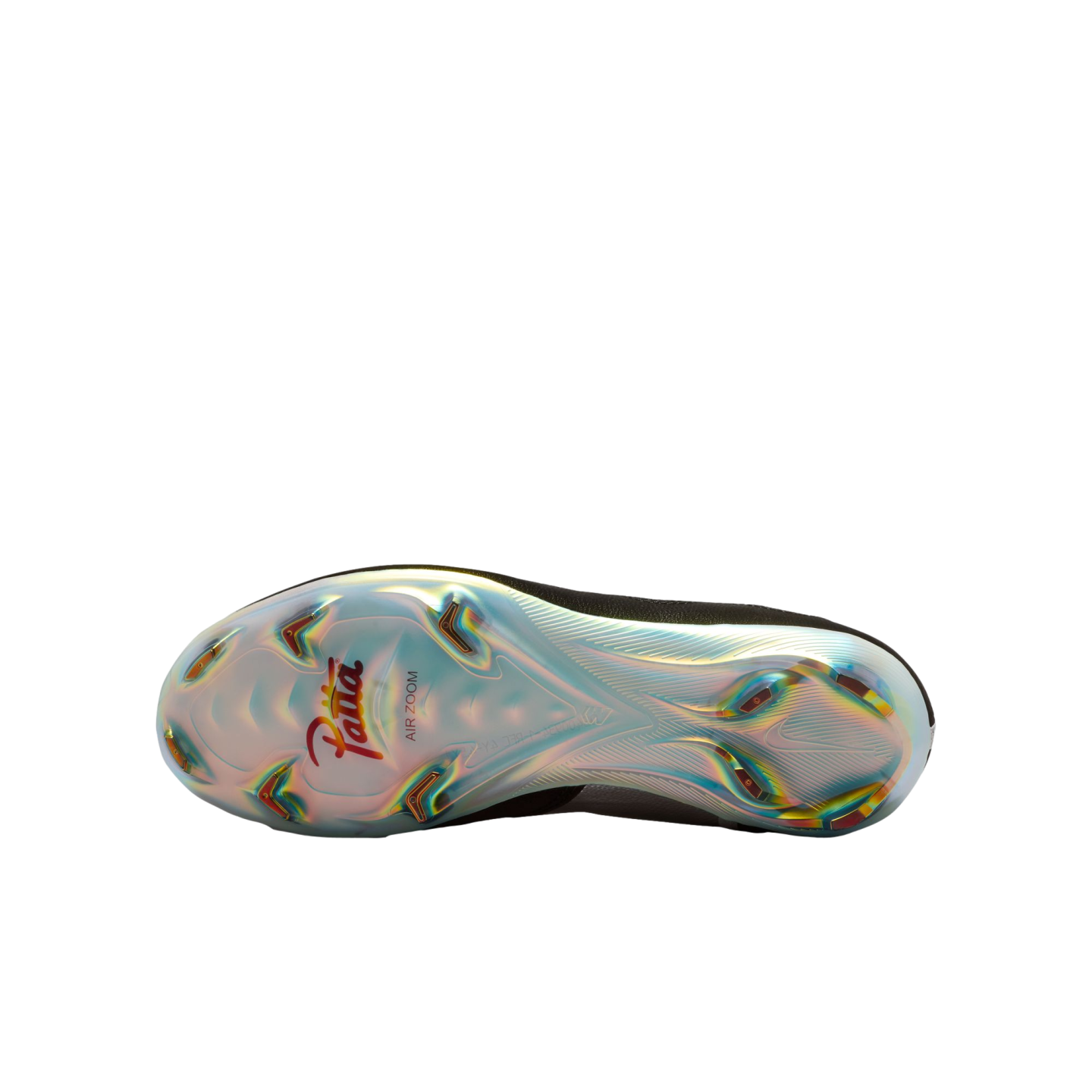 The iridescent sole plate of a soccer cleat is shown against a solid black background. The pearlescent surface reflects a spectrum of colors and features a red and orange stylized "Patta" script logo and "AIR ZOOM" text on the forefoot.