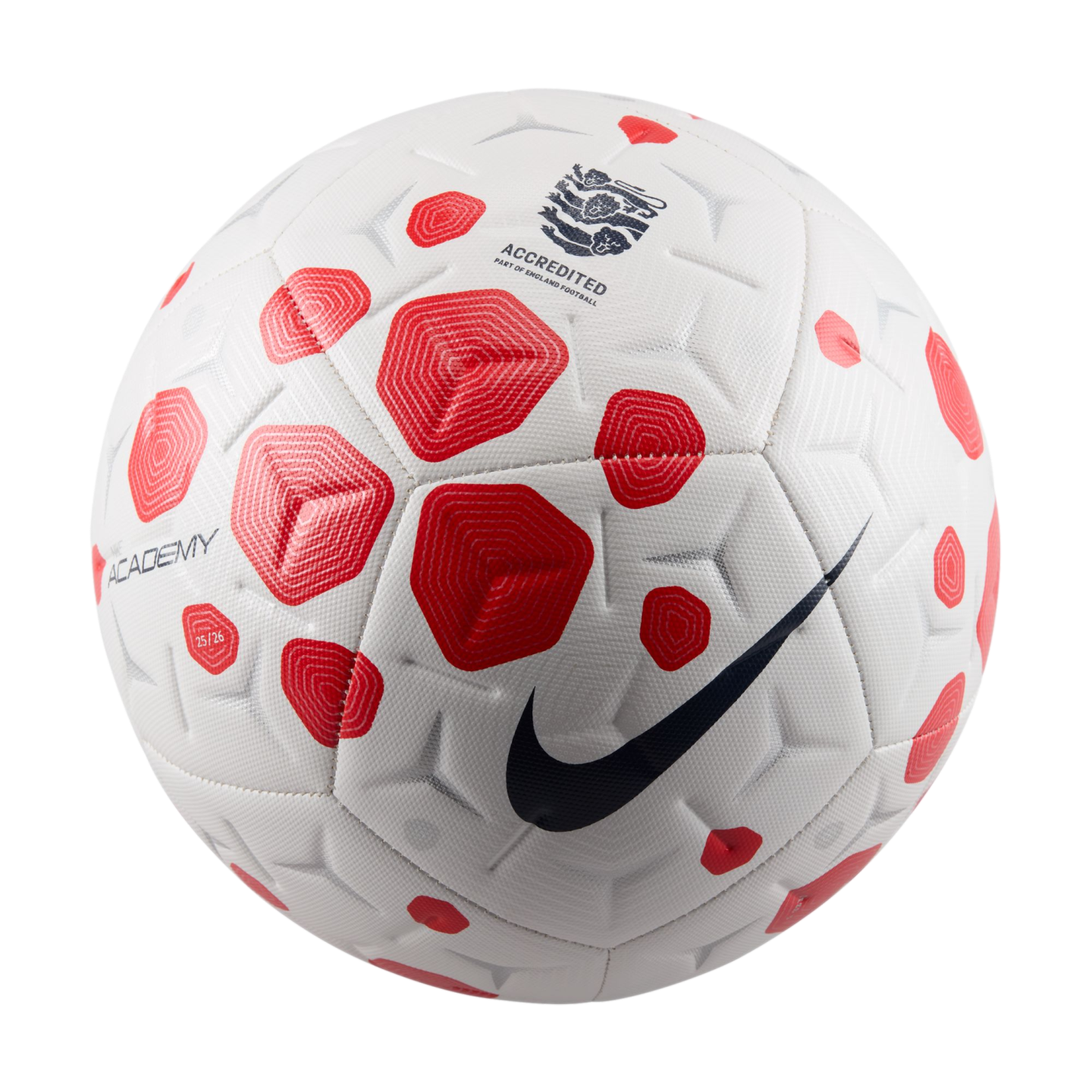 A white Nike Academy football featuring red geometric patterns, a black swoosh logo, and the England Football crest.