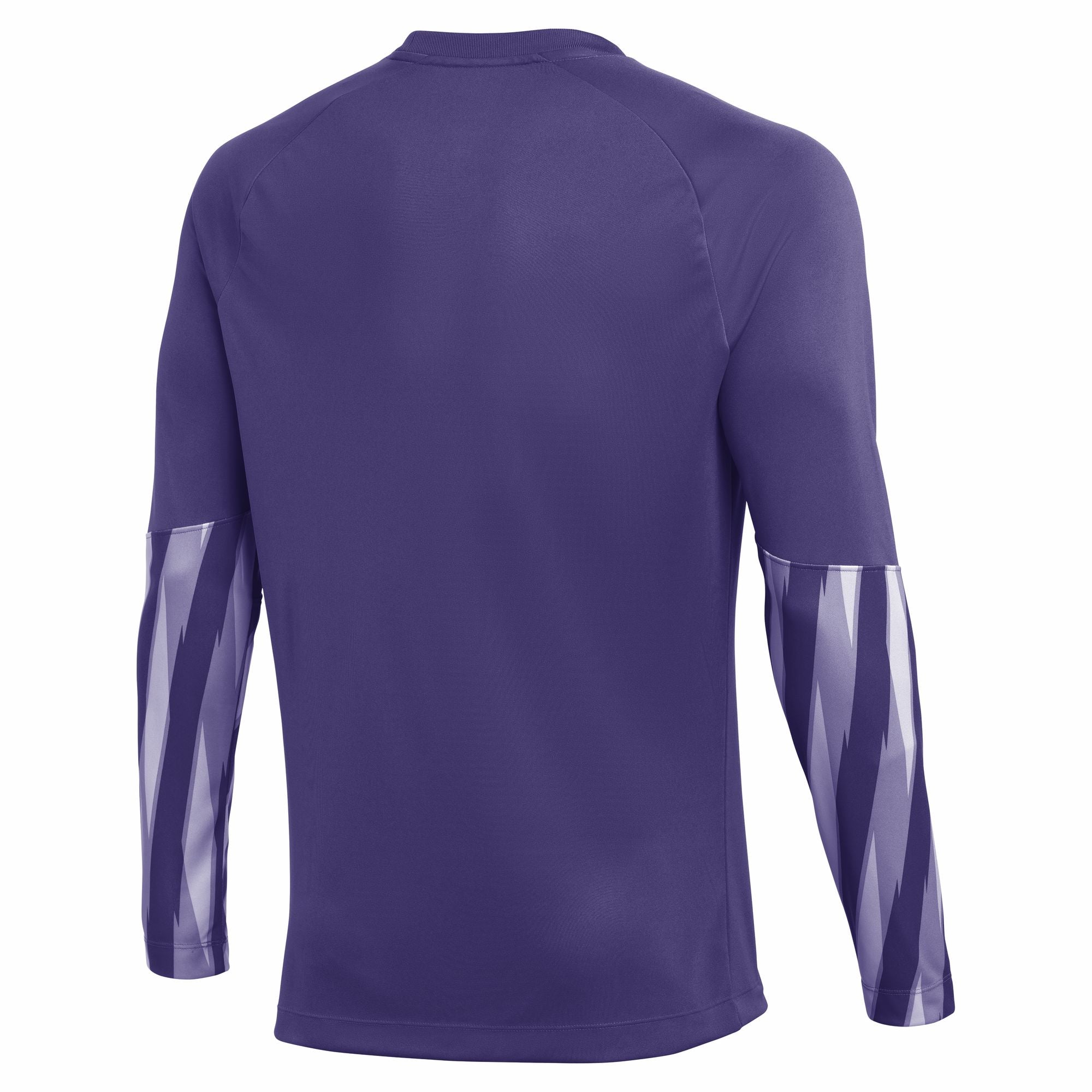 The back view of a purple long-sleeved shirt with a light purple and dark purple patterned graphic on the lower half of the sleeves.