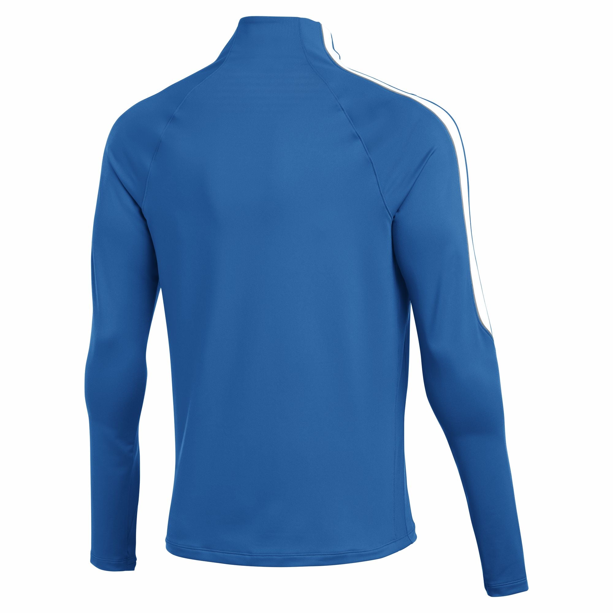 Back view of a blue long-sleeved athletic top with white stripe detailing on the right shoulder and sleeve.