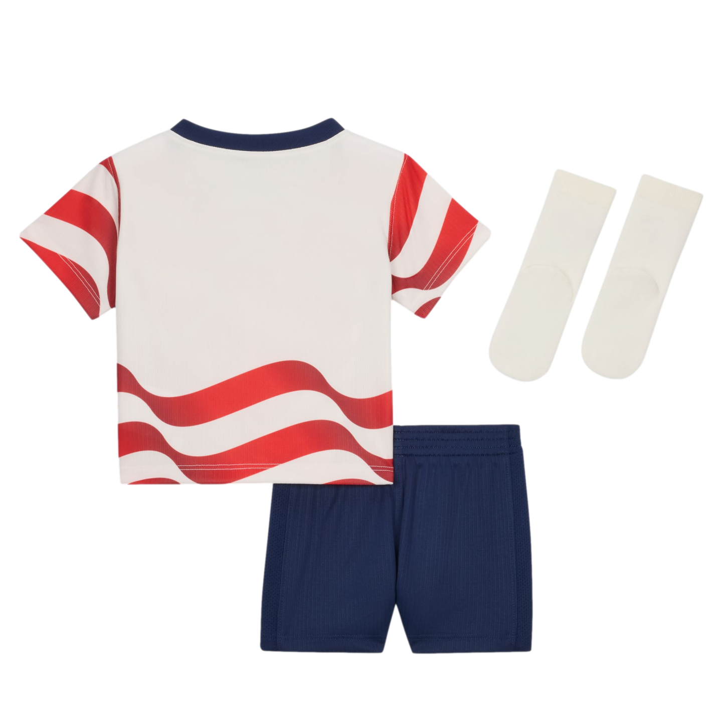 A child's athletic set: white t-shirt with red wavy stripes, dark blue shorts, and white socks.
