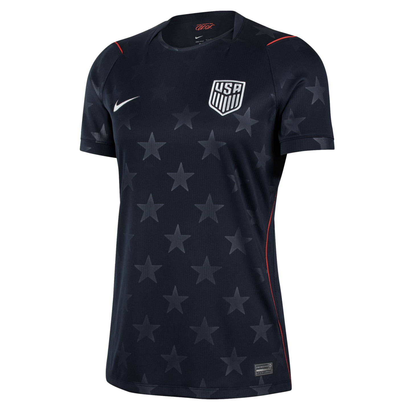 Navy blue Nike USA soccer jersey with a subtle star pattern, white team crest, and thin red accents on the shoulders and sides.