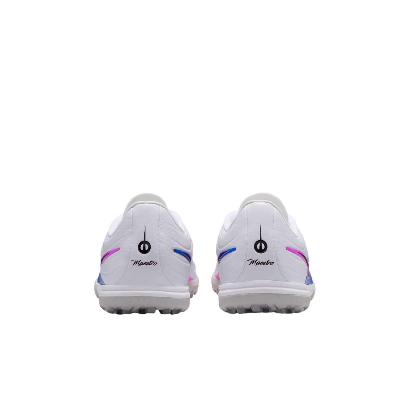 Rear view of a pair of white athletic shoes with pink and blue accents and "Maestro" script on the heels, set against a solid black background.
