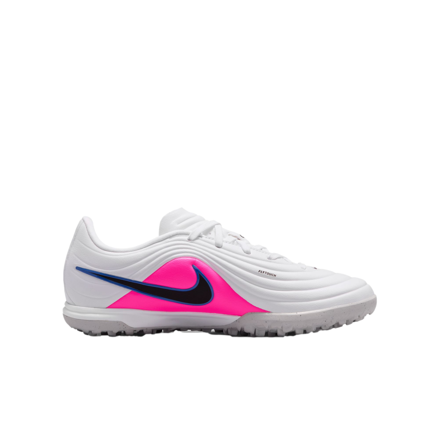 Profile of a white Nike soccer shoe featuring a vibrant pink accent, black Swoosh with blue trim, and a grey studded turf outsole, set against a black background.