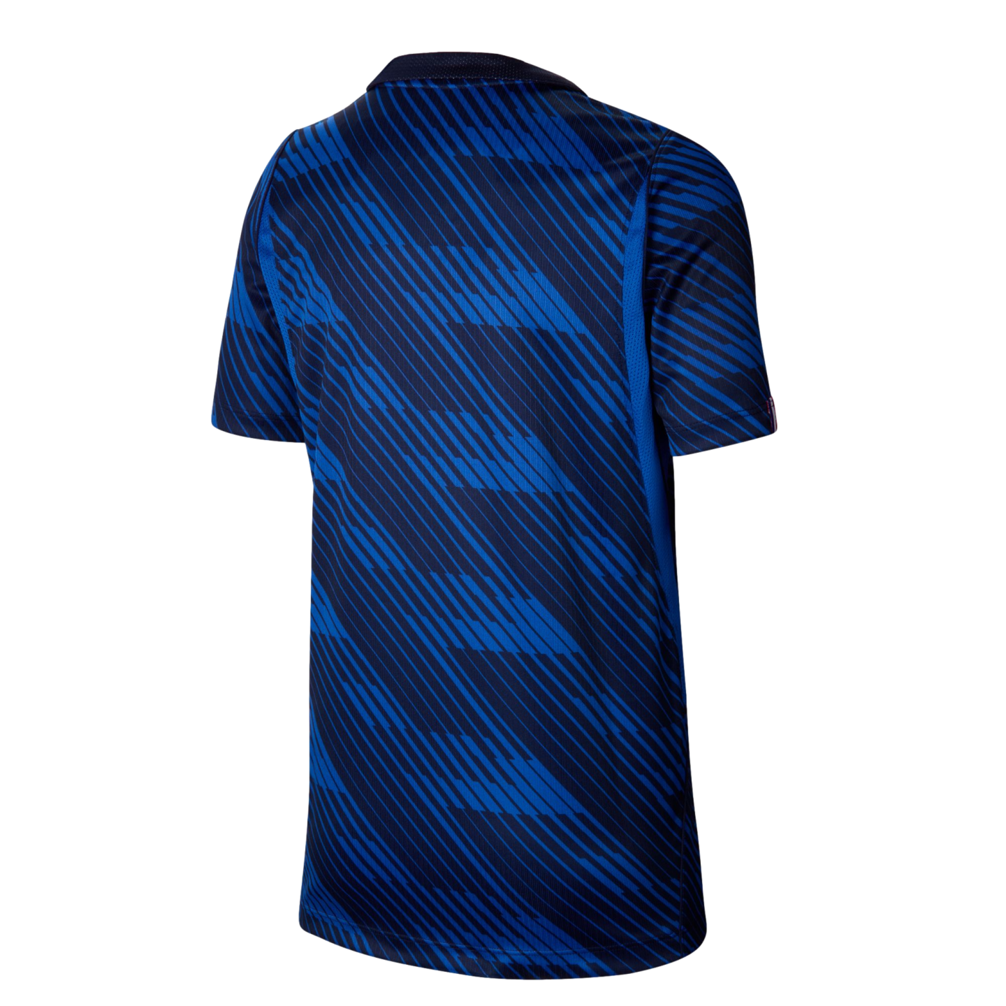 Rear view of a blue and navy athletic shirt with a diagonal geometric pattern, short sleeves, and a crew neck, displayed against a black background.