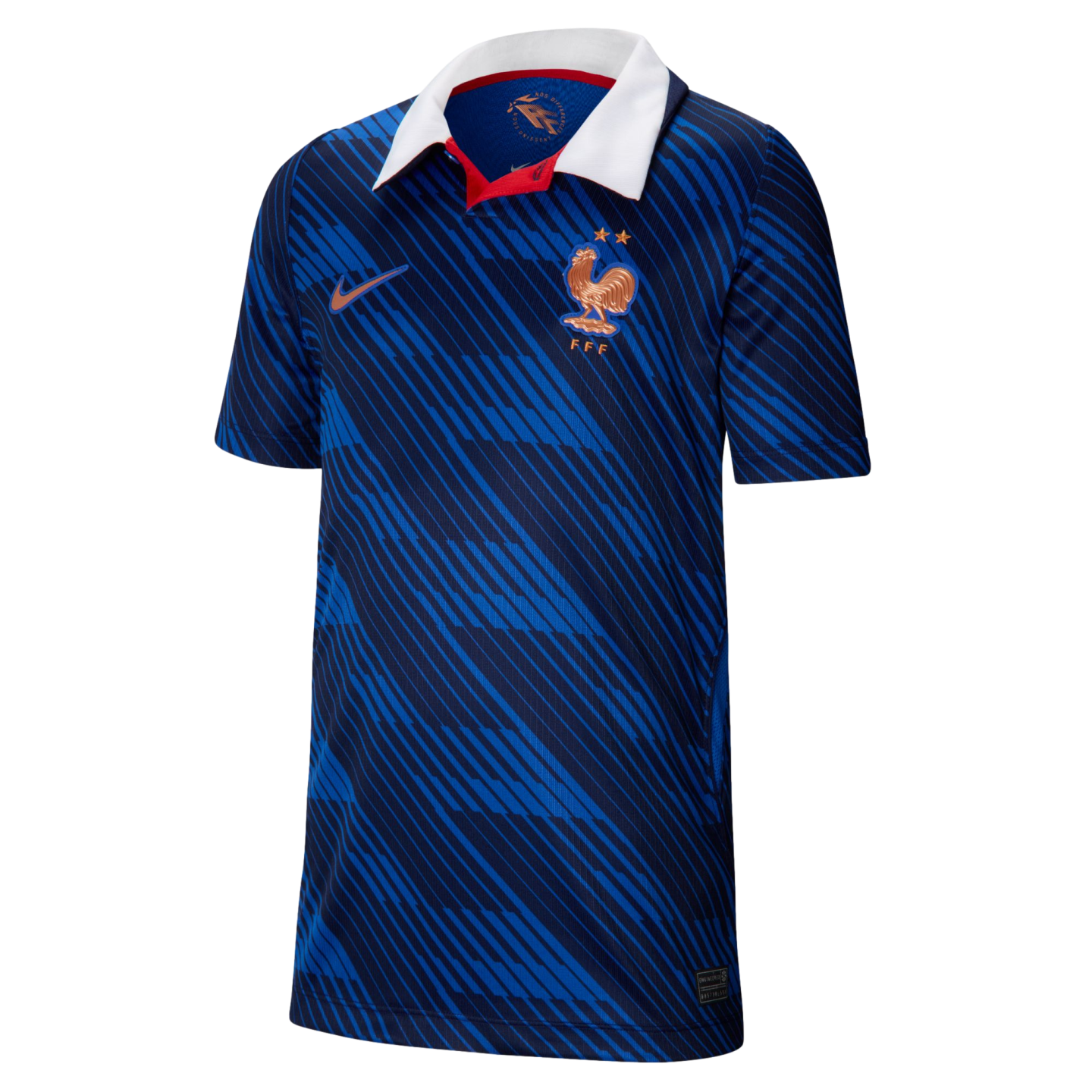 Blue Nike France national team soccer jersey featuring tonal diagonal stripes, a white polo collar with a red placket, and a gold rooster crest.