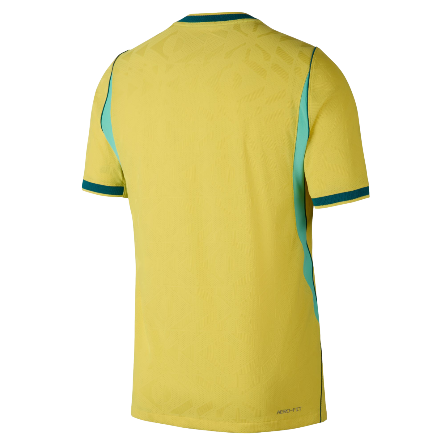 A back view of a short-sleeved yellow athletic jersey with teal and mint green accents on the side panels, collar, and cuffs. The fabric features a subtle tonal geometric pattern, and the words "AERO-FIT" are printed in small dark letters on the bottom right hem.