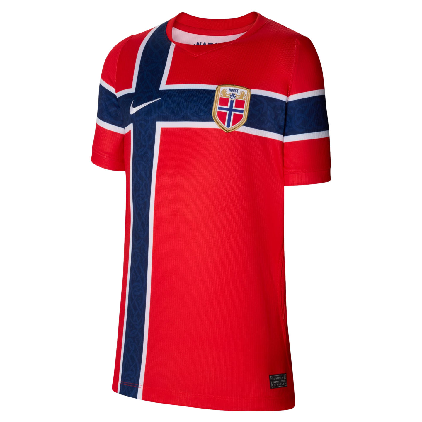 A red Nike Norway national team home football jersey shown against a black background. The front features a large navy blue cross with white borders, echoing the Norwegian flag's design. The blue areas of the cross have a subtle, intricate pattern. A white Nike swoosh sits on the right chest, while the gold-rimmed Norway national team crest is on the left.