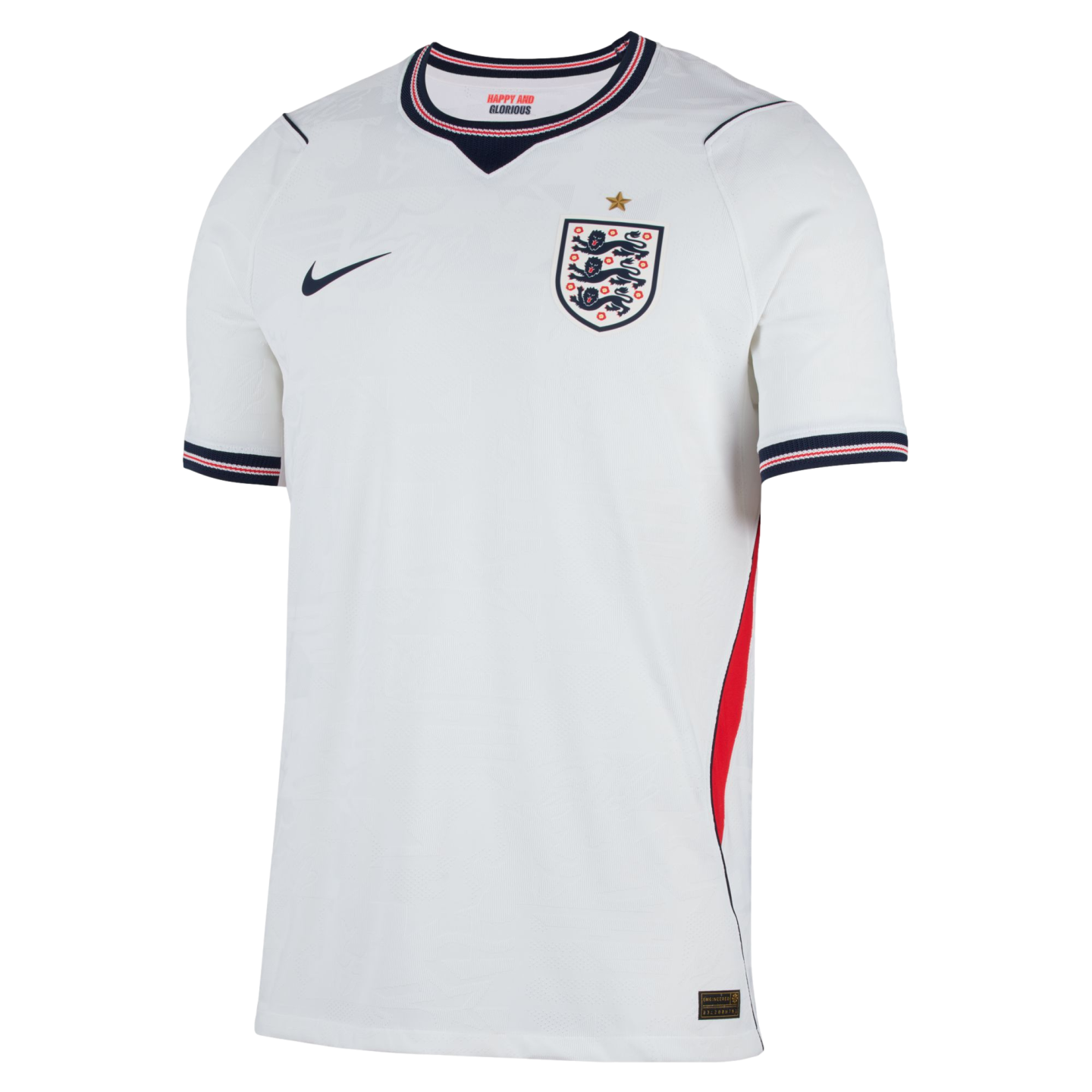 The front of a white short-sleeved England home football jersey. It features the England Three Lions crest on the chest with a single gold star above it, and a dark blue Nike swoosh on the opposite side. The V-neck and sleeve cuffs have dark blue, red, and white striped trim. Inside the collar, the phrase "HAPPY AND GLORIOUS" is printed in red. A red and dark blue stripe runs down the side of the jersey.