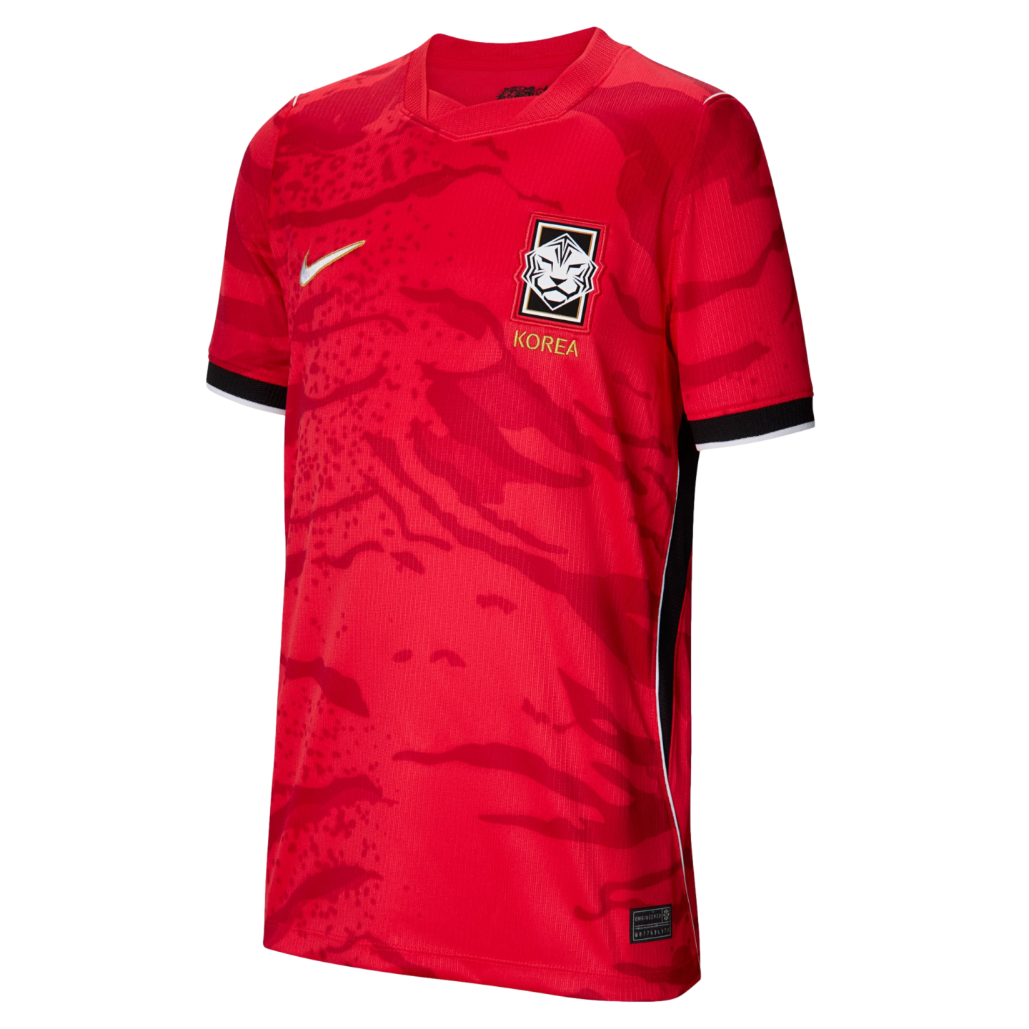 Red South Korea Nike home soccer jersey with a tonal abstract pattern, gold Nike logo, and national team crest on the chest.