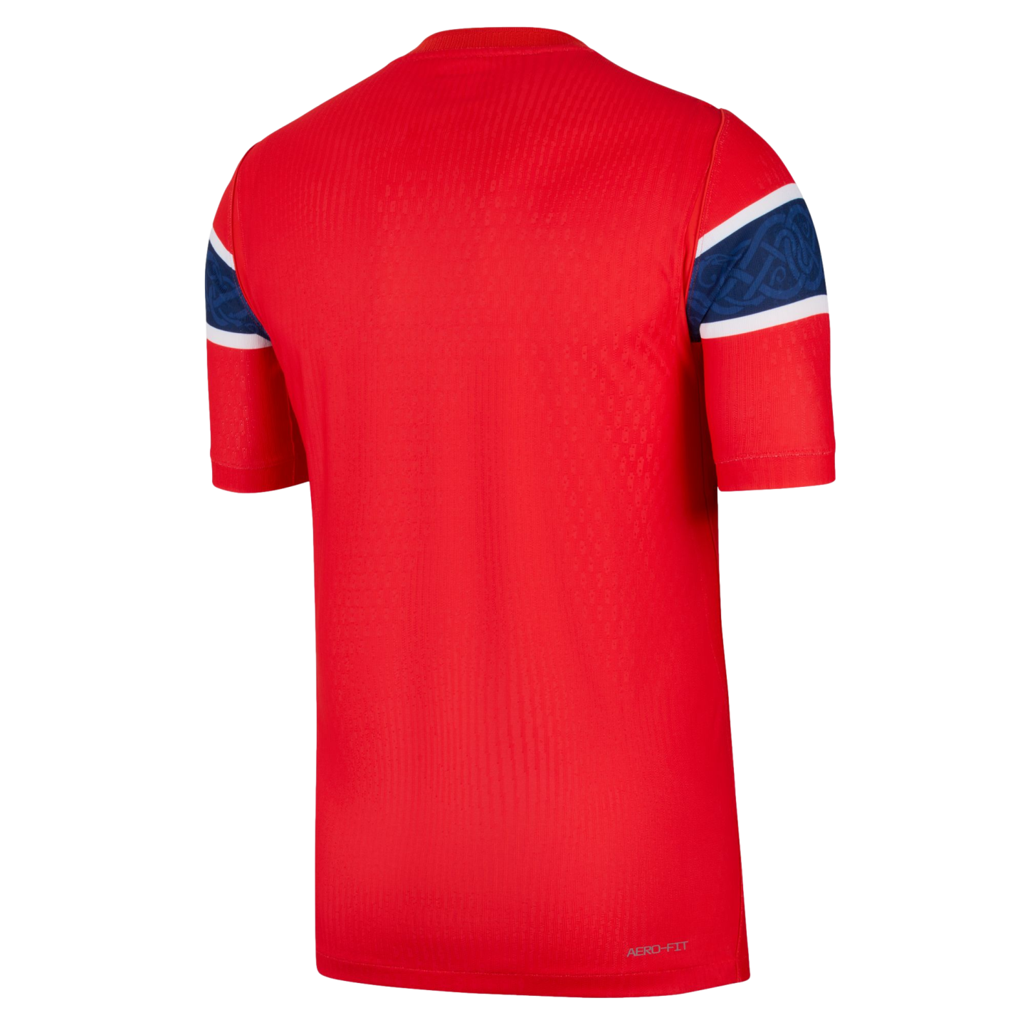 Back view of a red short-sleeved jersey featuring blue and white patterned bands on the sleeves. The fabric is textured and has "AERO-FIT" printed on the lower right hem.