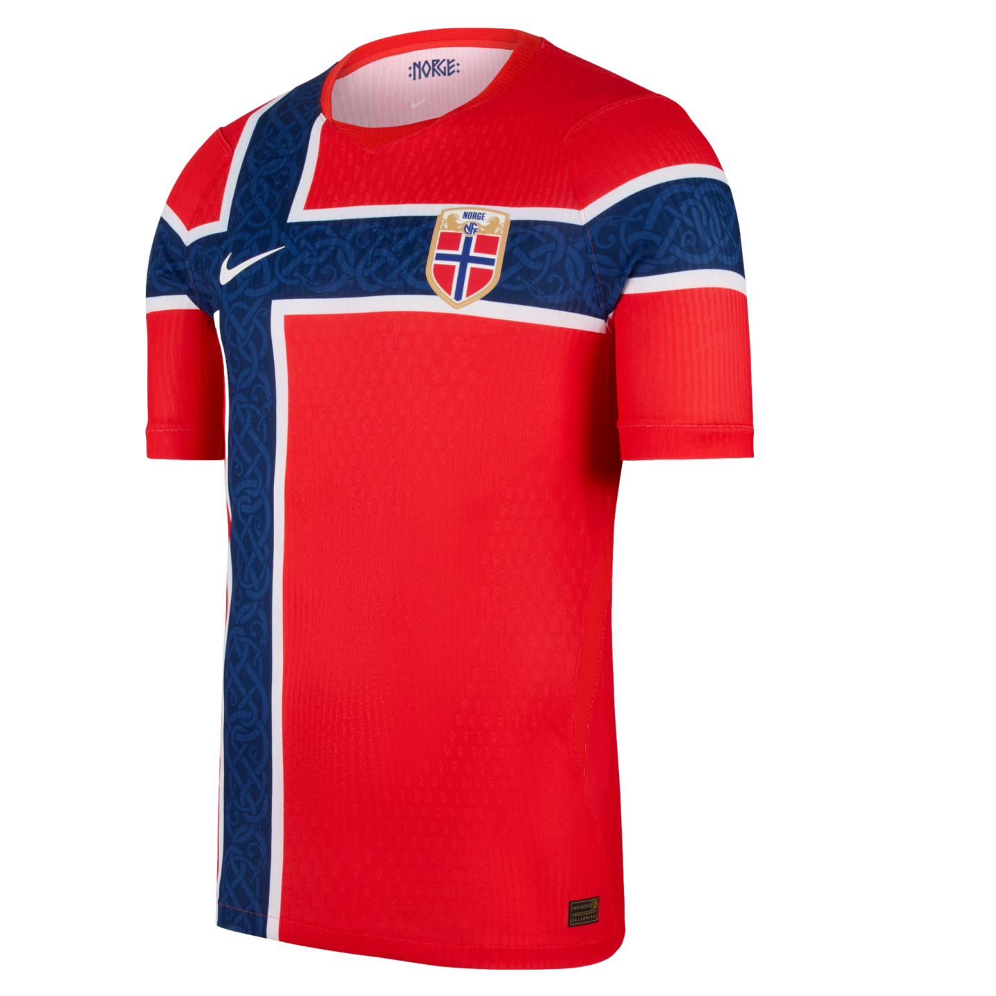 Red Nike Norway national soccer jersey featuring a large blue and white cross with a knotwork pattern, the team crest, and a white Nike swoosh.