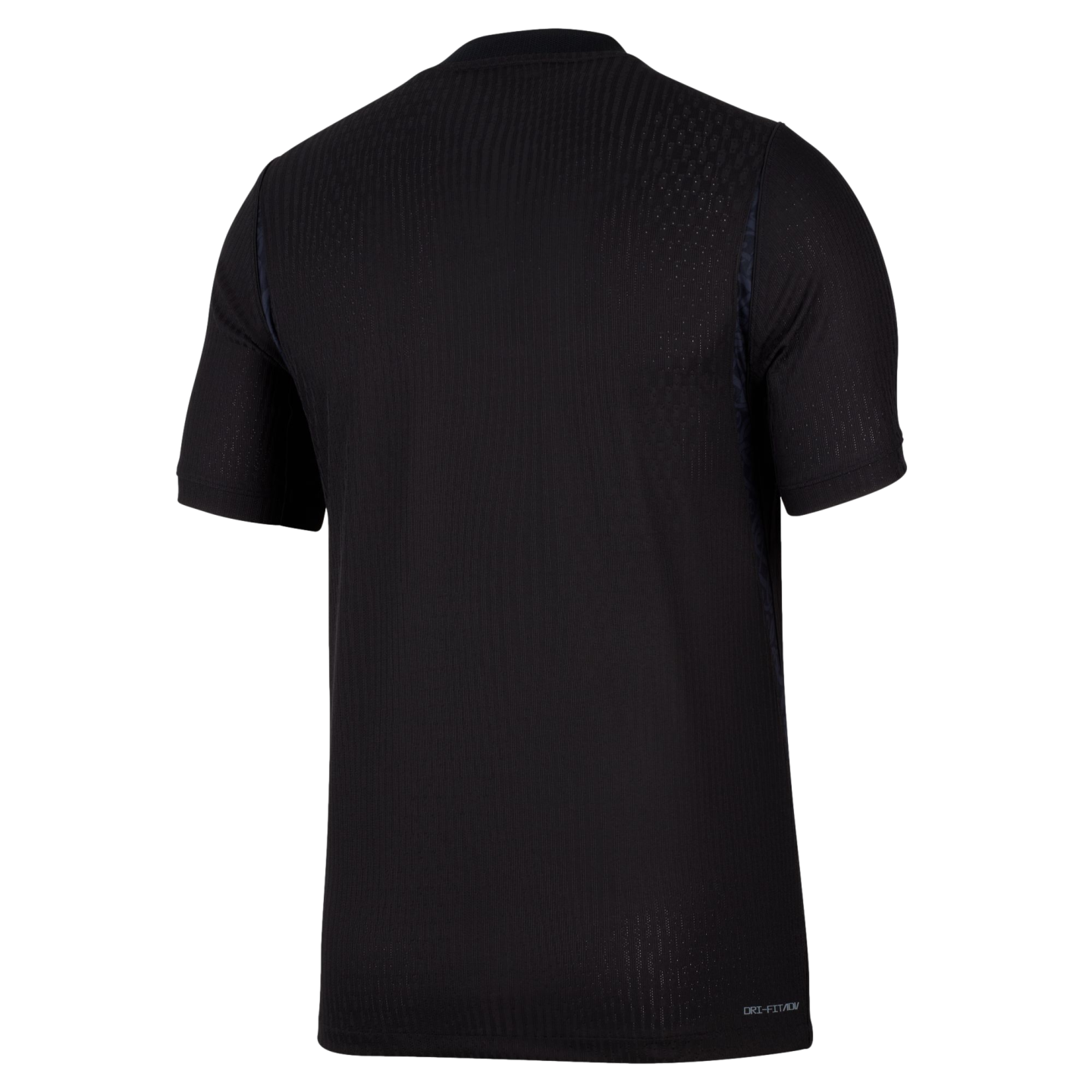 Back view of a black short-sleeved Nike Dri-FIT ADV t-shirt featuring a subtle vertically ribbed texture, set against a plain black background.