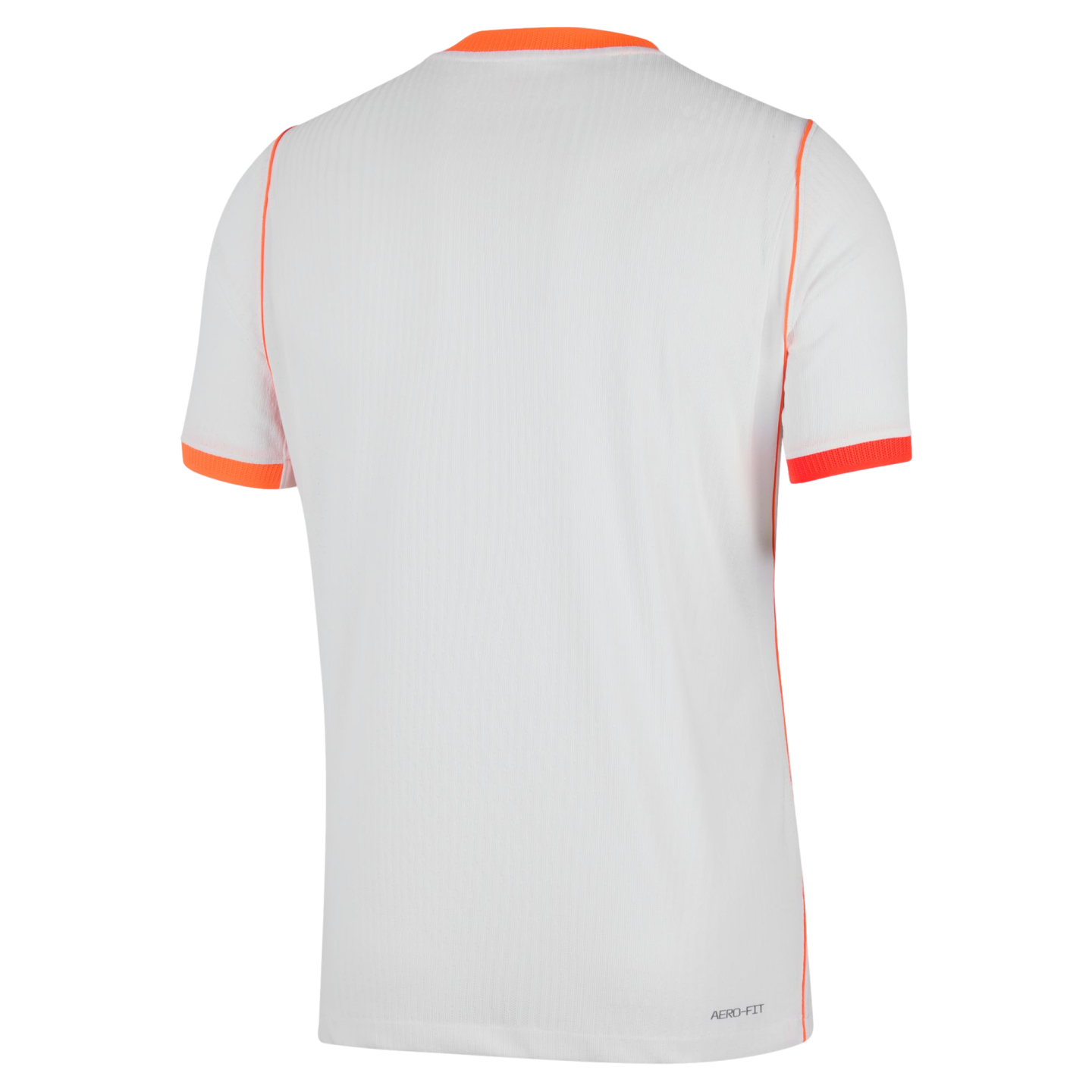 The back view of a white, short-sleeved athletic jersey with bright orange accents on the crew neck, sleeve cuffs, and shoulder seams. The white fabric features a fine vertical ribbed texture, and "AERO-FIT" is printed in small grey text at the bottom right hem. The jersey is set against a solid black background.