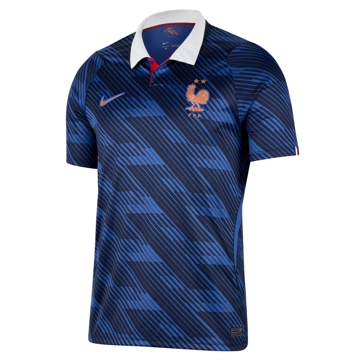 France national football team Nike jersey featuring blue diagonal stripes, a white polo collar, and a gold rooster crest.