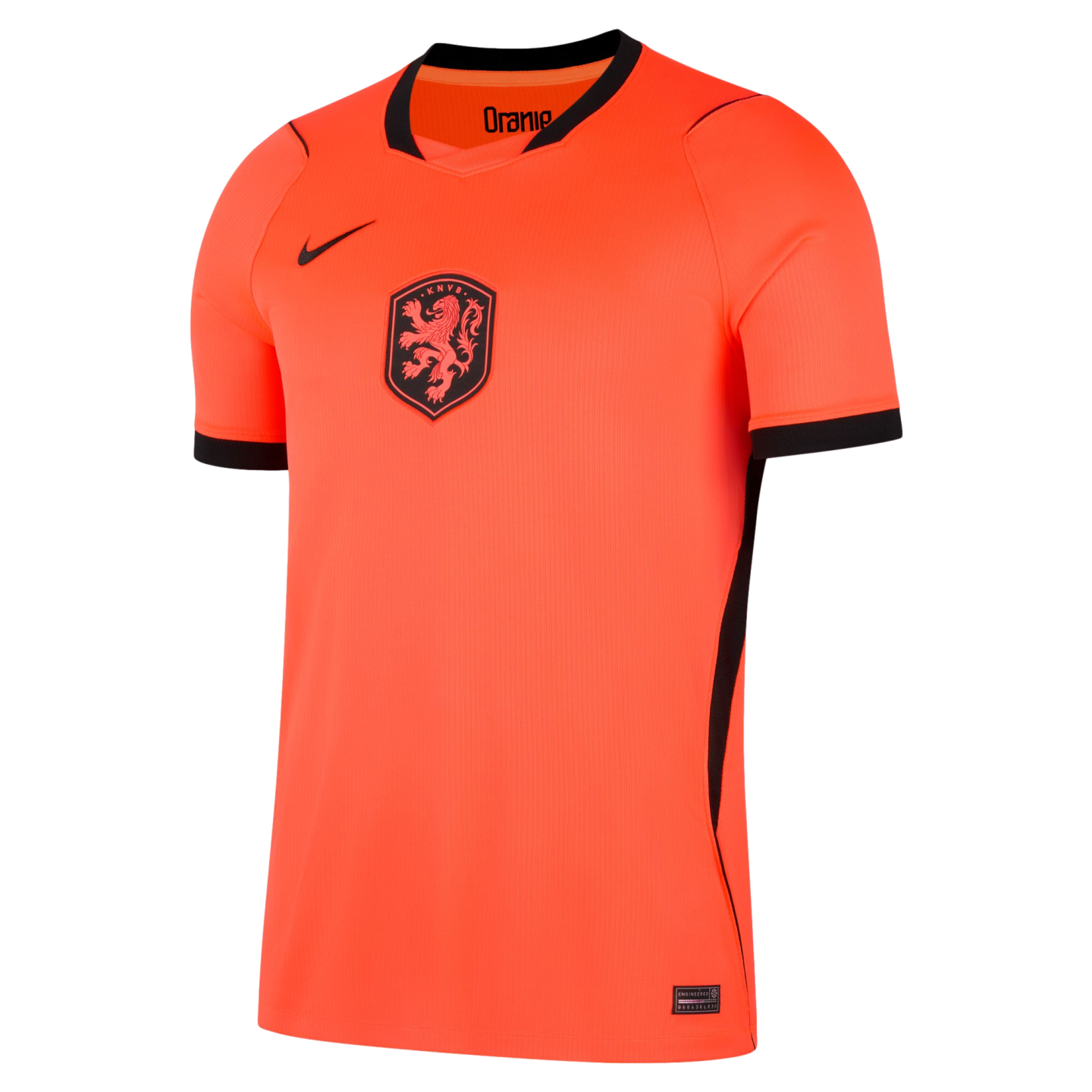 A front-facing studio shot of a bright orange Nike football jersey for the Netherlands national team. The jersey features a black V-neck collar, black sleeve cuffs, a black Nike swoosh on the chest, and the KNVB crest with a red lion in the center.