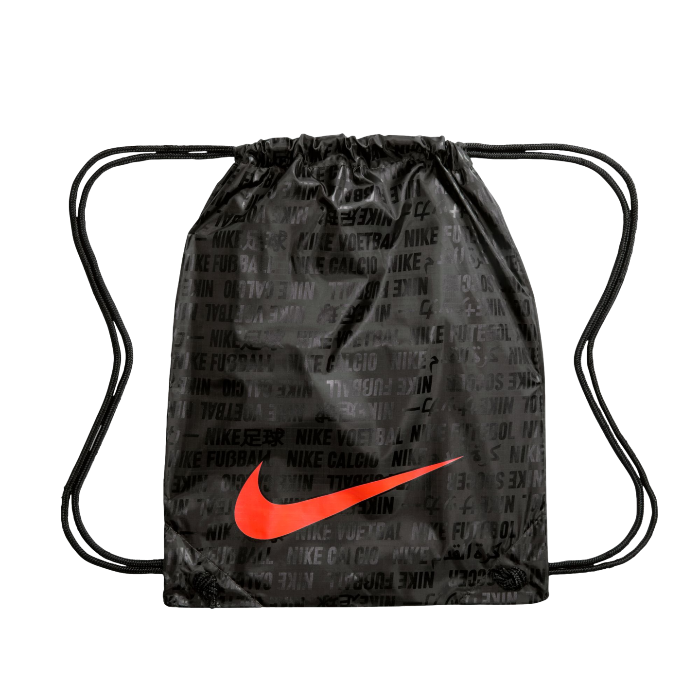 Black Nike drawstring bag with a bright orange swoosh and a tonal repeating print of the word "football" in various languages.