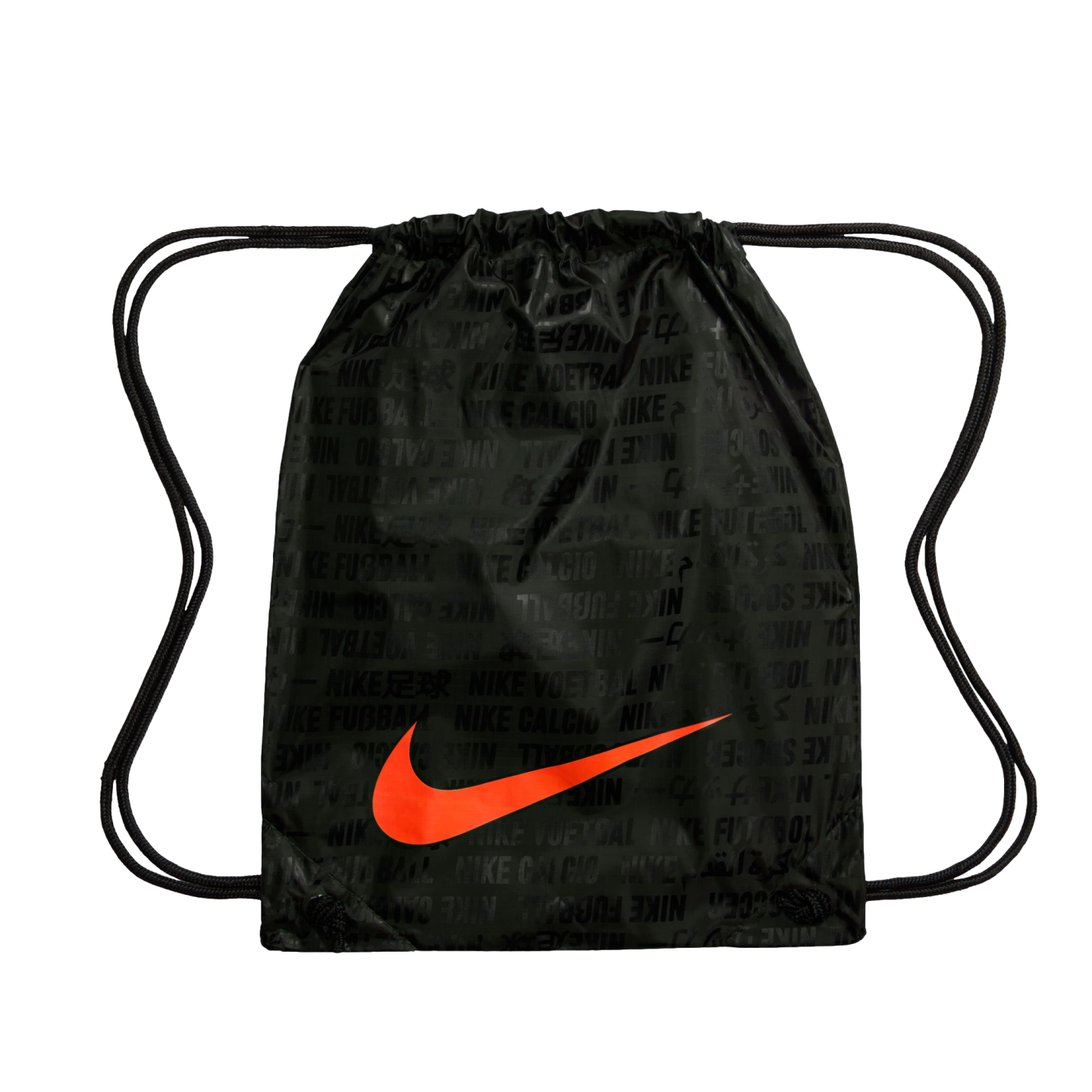 A black Nike drawstring bag with a large bright orange swoosh on the front. The bag features a subtle, repeating pattern of the word "Nike" alongside words for "soccer" in various languages. Two black drawstrings at the top serve as a cinch closure and shoulder straps.