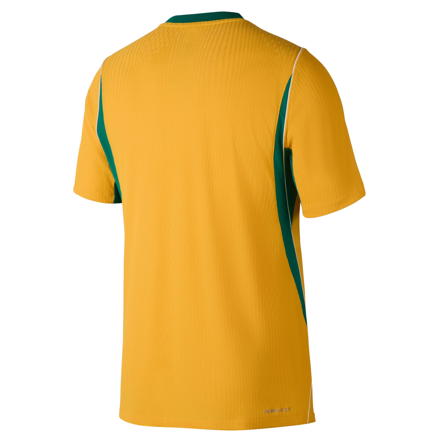 Back view of a yellow athletic jersey with green and white side panels and a green collar. The fabric has a vertical ribbed texture, and "AERO-FIT" is printed on the bottom right.