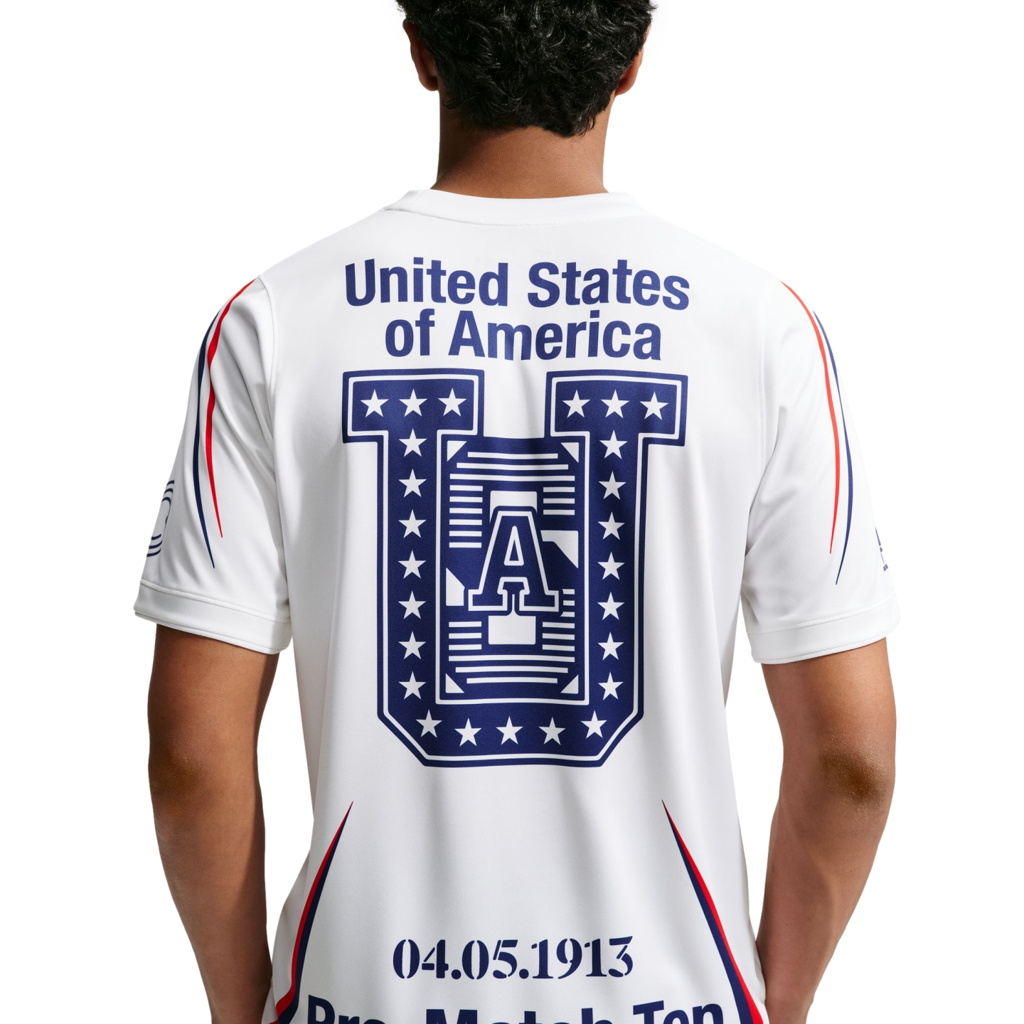 Rear view of a person wearing a white athletic shirt with "United States of America," a large blue star-patterned "U" graphic, and the date "04.05.1913" printed on the back.