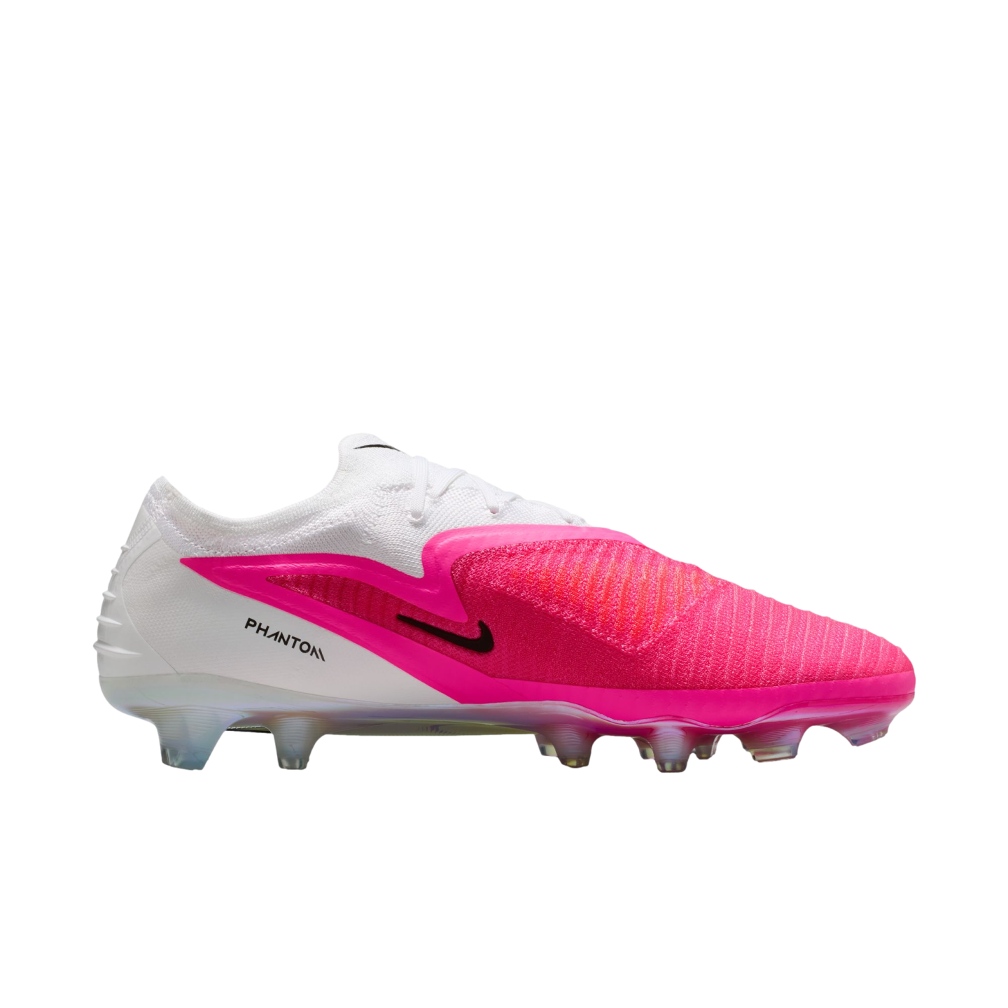 Side view of a Nike Phantom soccer cleat featuring a white heel and collar transitioning into a vibrant pink textured upper with a black Nike Swoosh.