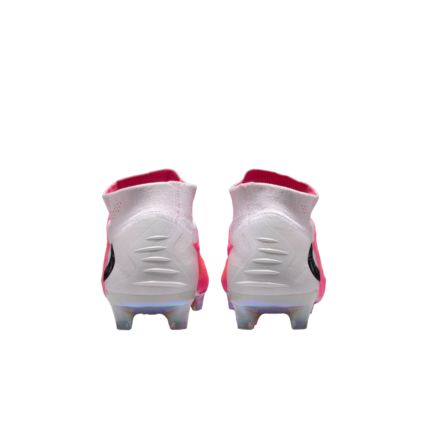 Rear view of white and pink high-top Nike soccer cleats with an iridescent sole plate and ridged heel detail.