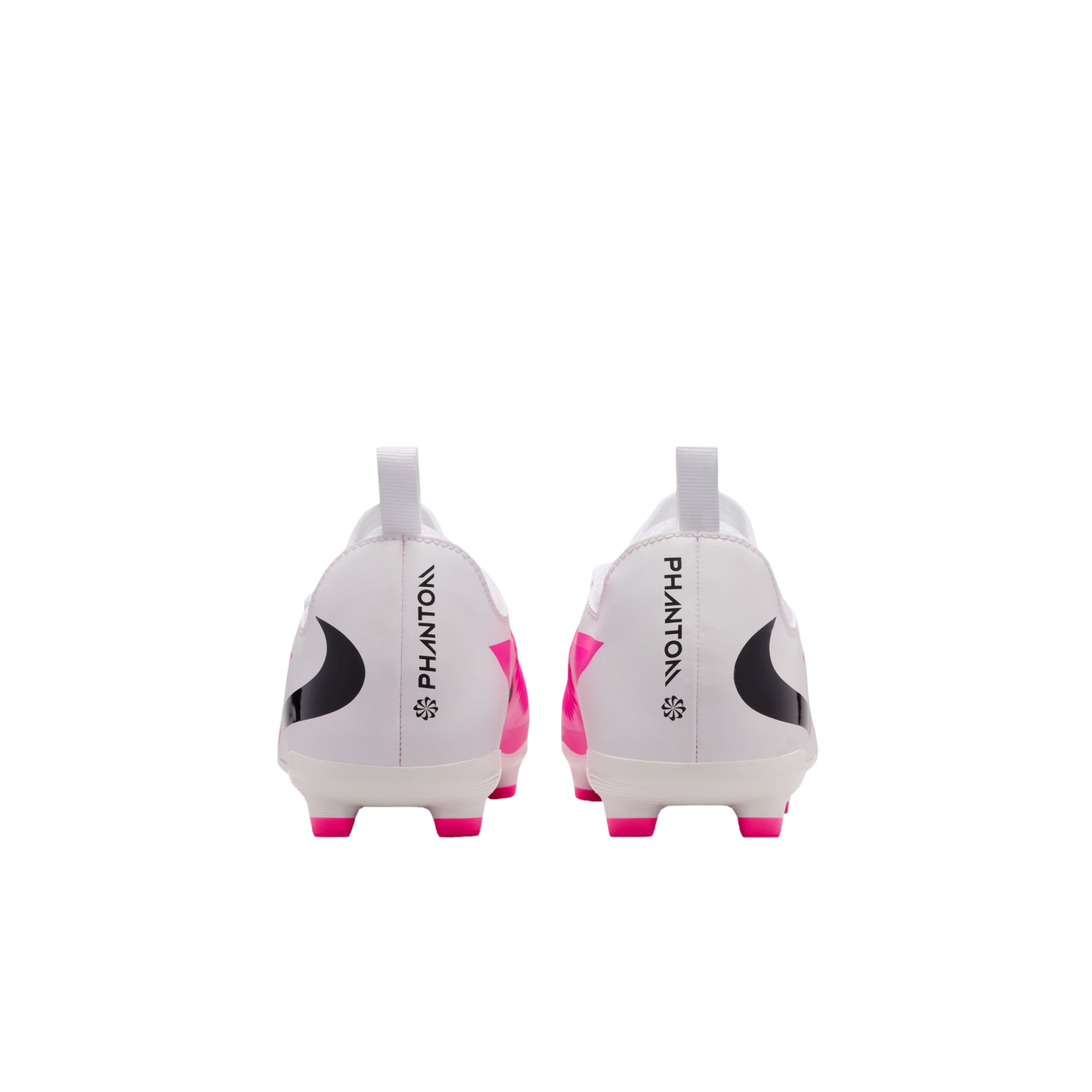 Rear view of white Nike Phantom soccer cleats with pink studs and black Swoosh logos on a white background.