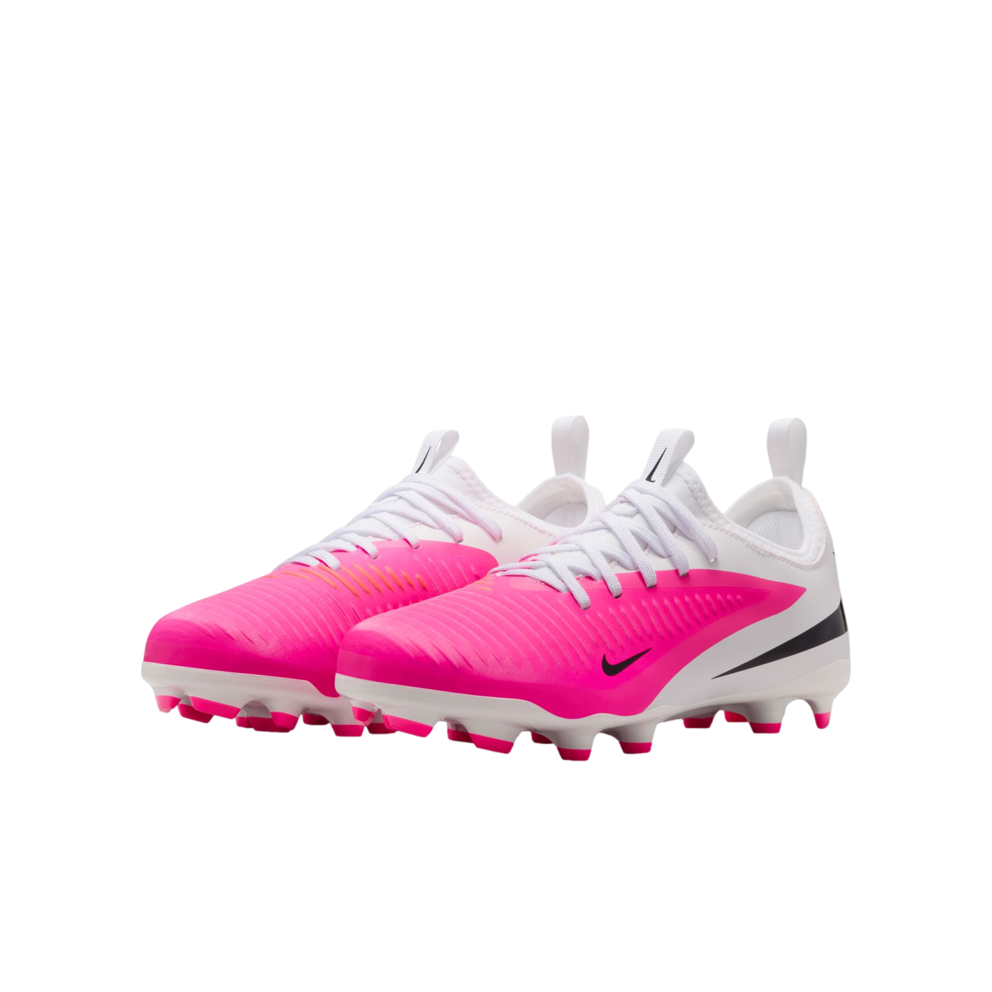 Pair of white and vibrant pink Nike soccer cleats with black swooshes, set against a white background.