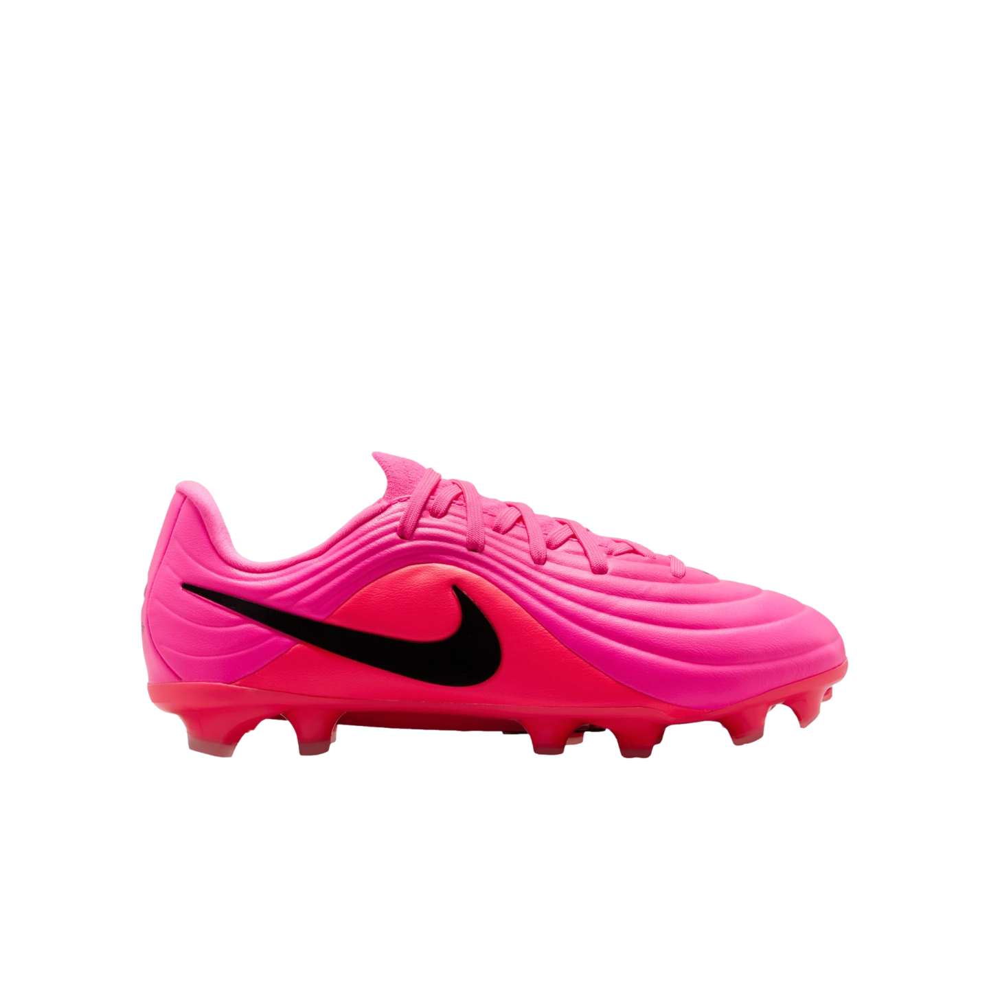 Vibrant pink Nike soccer cleat with a black swoosh, featuring a ridged textured upper and studs on the sole, set against a plain white background.