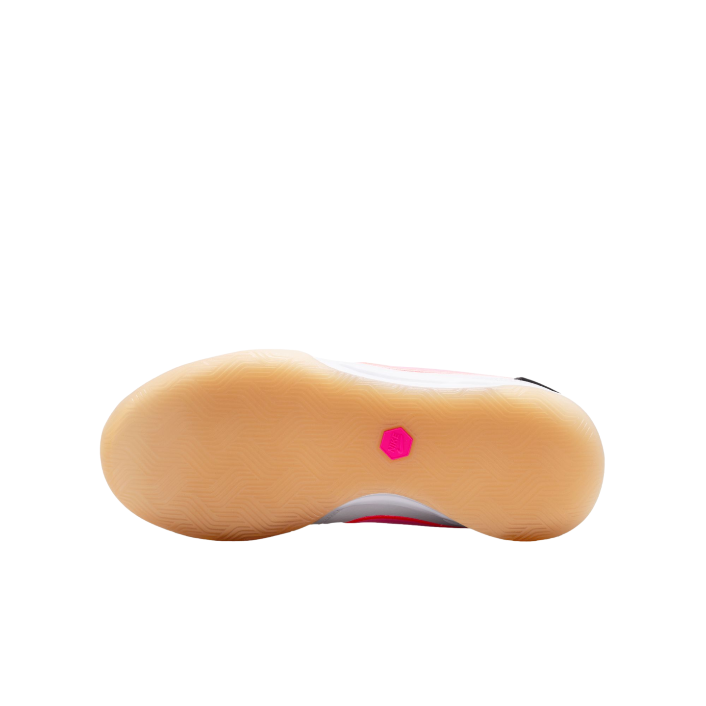 Bottom view of a Nike shoe featuring a tan gum rubber outsole with a textured tread and a small pink hexagonal logo in the center.