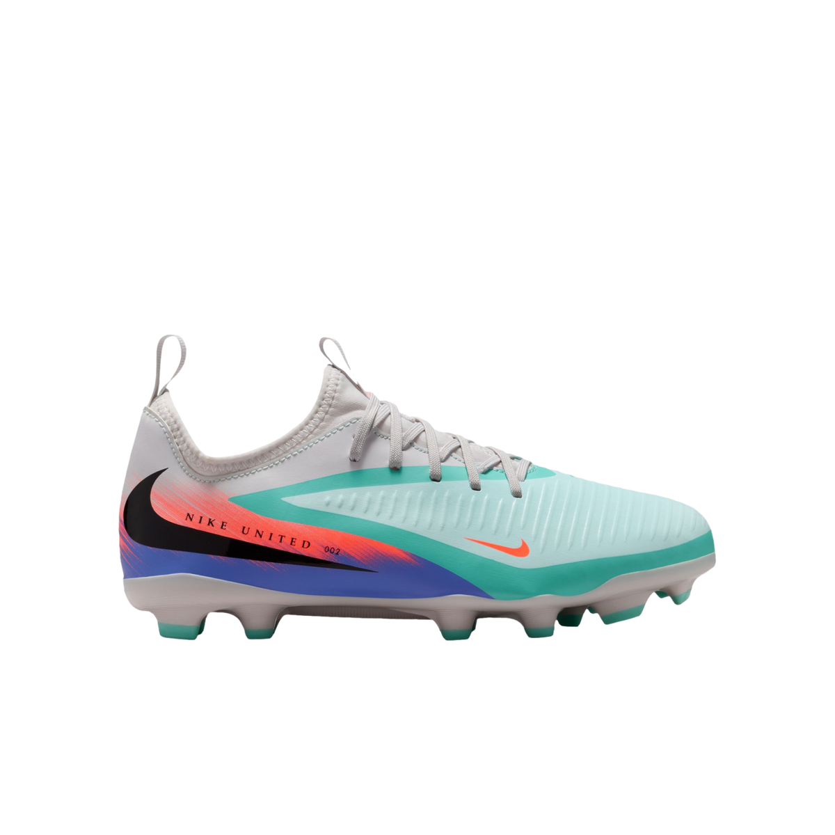 Profile of a Nike United 002 soccer cleat in a light blue, white, and purple colorway with a black swoosh and orange accents.