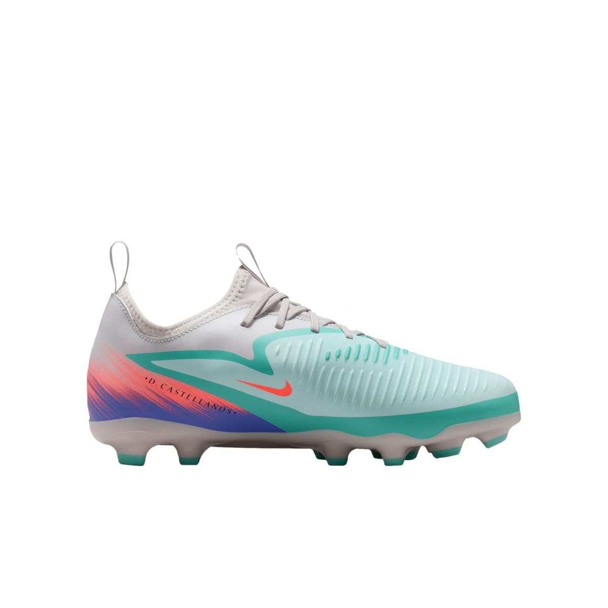 Teal and white Nike soccer cleat with purple accents and "D. CASTELLANOS" text on the side, isolated on a black background.