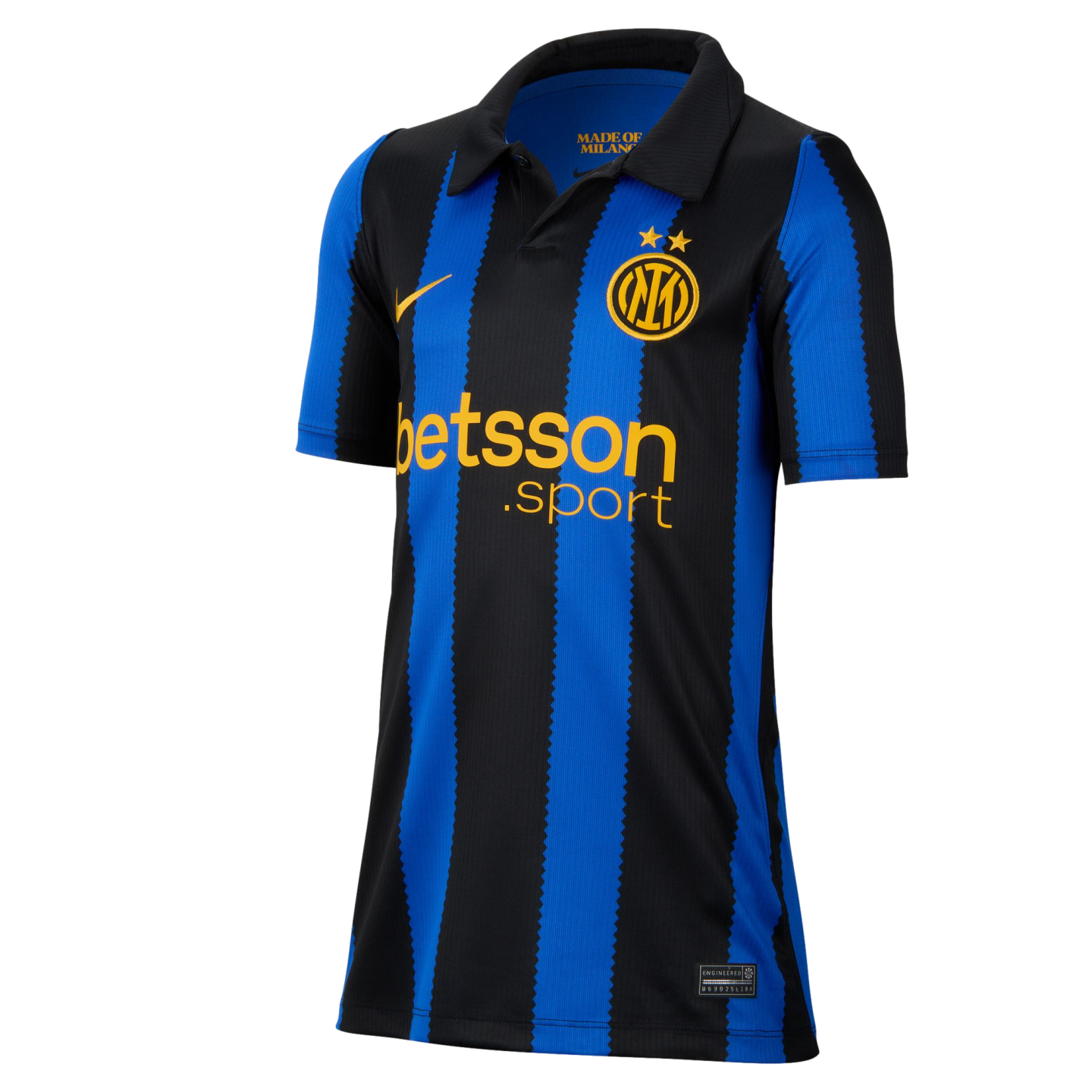 Inter Milan soccer jersey with black and blue serrated stripes, yellow Nike swoosh, team crest with two stars, and yellow "betsson .sport" sponsor logo.