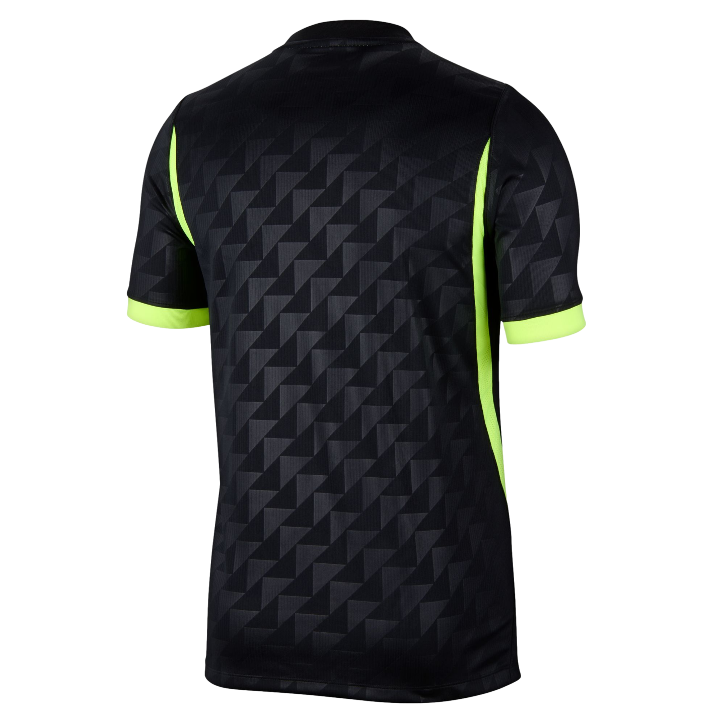 The back view of a black short-sleeved jersey featuring a geometric triangle pattern and neon yellow accents on the sides and sleeve cuffs.