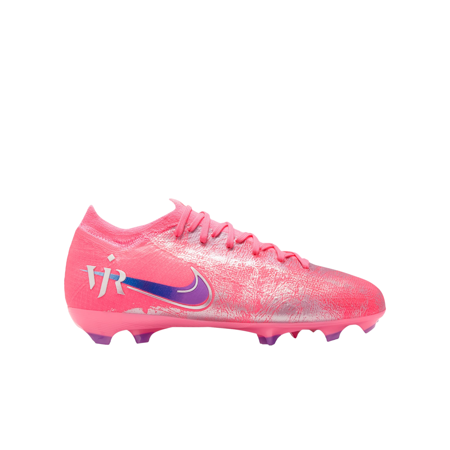 A bright pink shimmering Nike soccer cleat with a purple swoosh and "VJR" branding on the heel, shown from the side against a black background.
