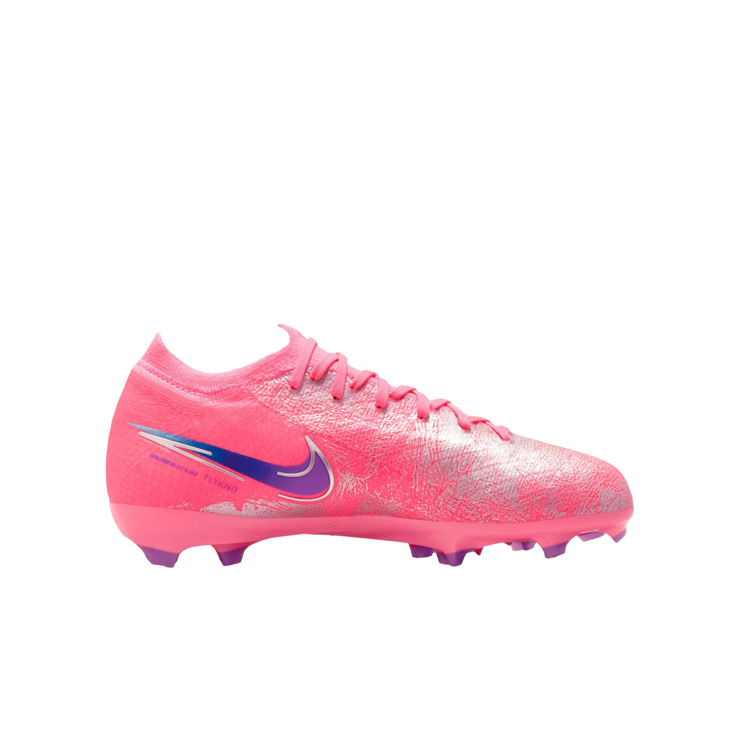 Side view of a vibrant pink Nike Mercurial soccer cleat with a metallic texture and a purple gradient swoosh, displayed against a solid black background.