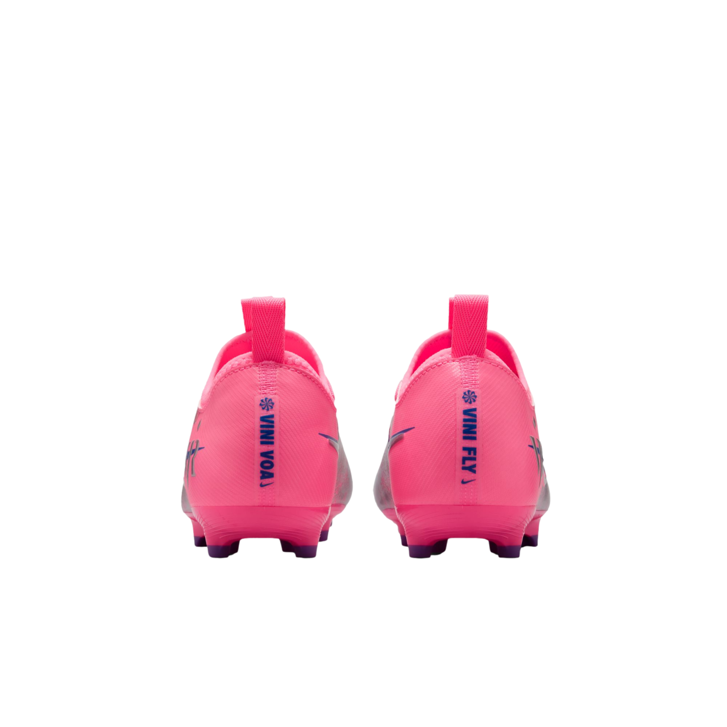 Rear view of bright pink Nike football cleats on a black background. Blue text on the heels reads "VINI VOA" and "VINI FLY".