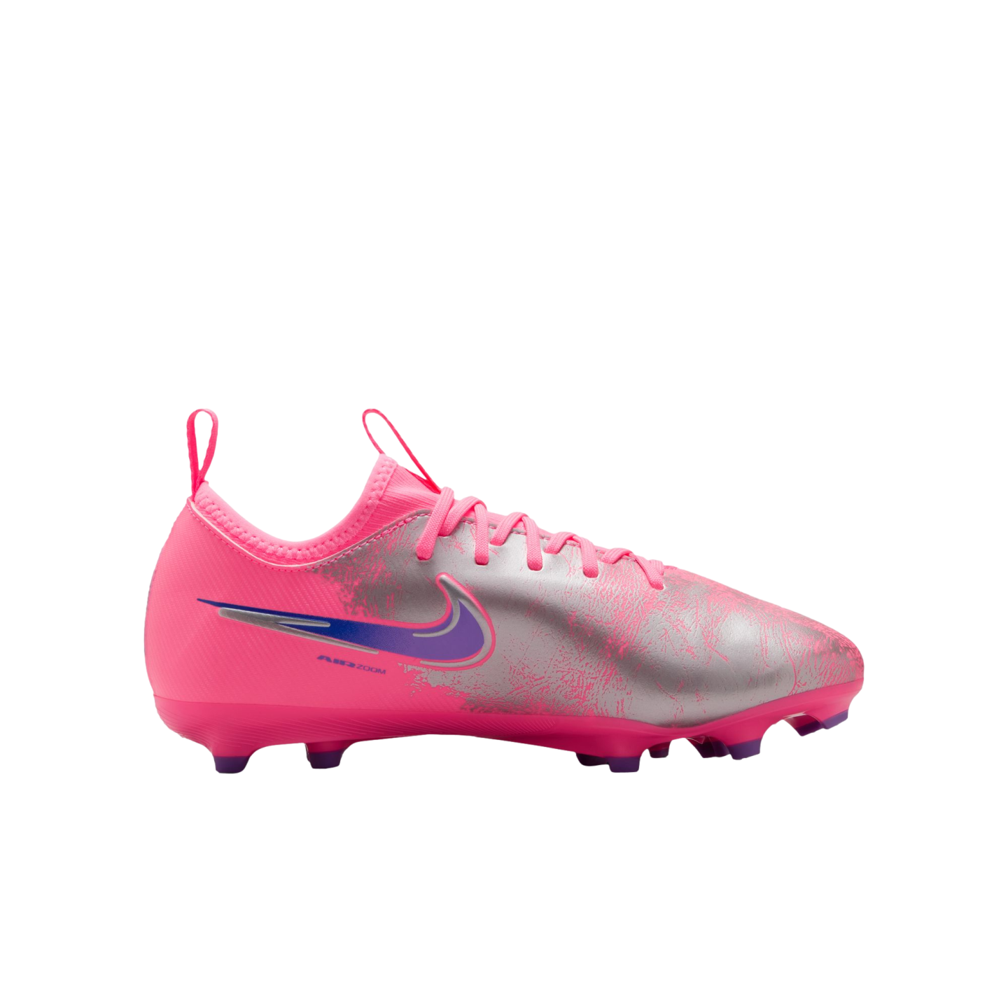 A side view of a pink and metallic silver Nike Air Zoom soccer cleat with a purple swoosh logo, displayed against a solid black background.