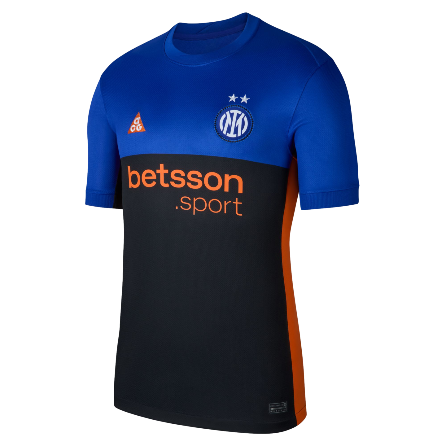 Inter Milan training jersey in blue and black with orange accents, club crest, ACG logo, and "betsson .sport" text.