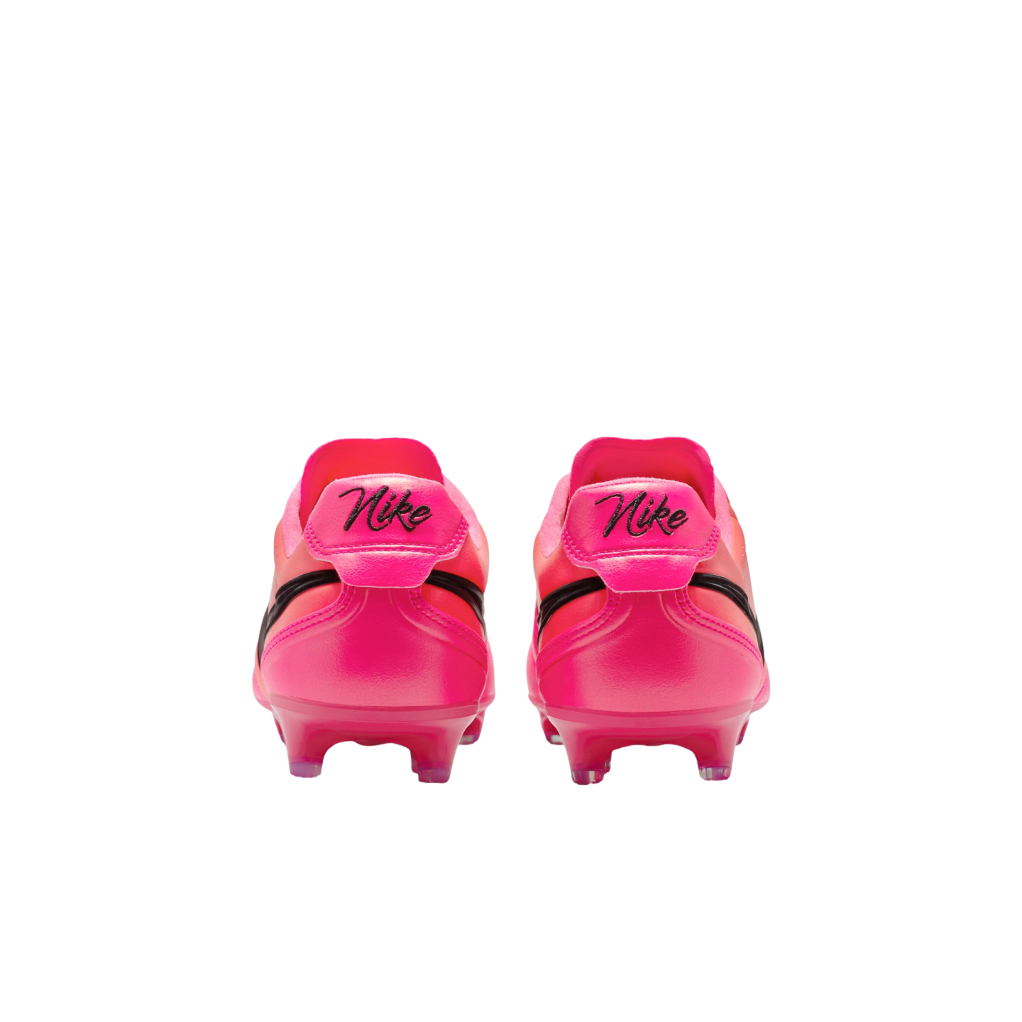 Rear view of vibrant pink Nike soccer cleats with black script logos on the heels and matching pink studs, set against a white background.