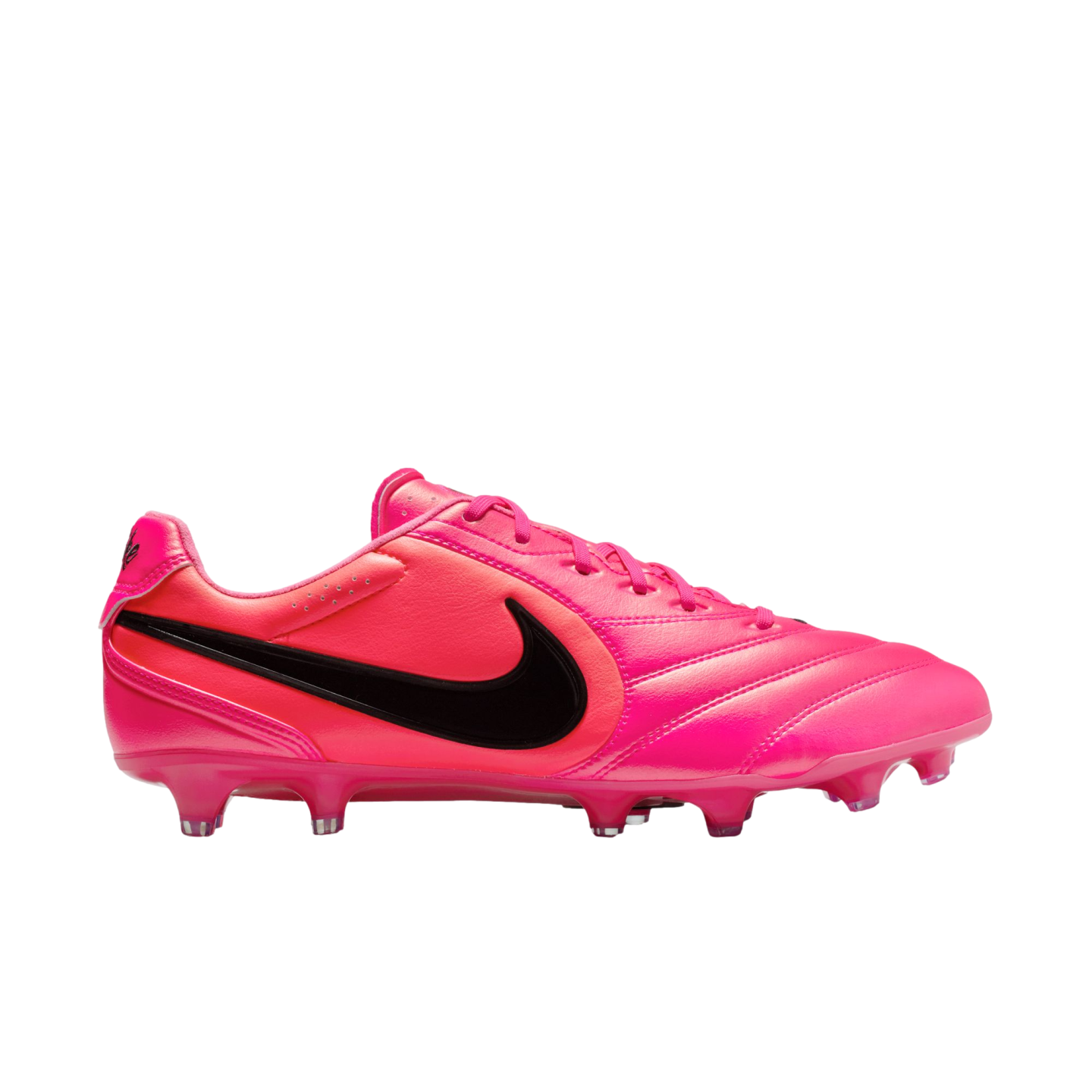 Side profile of a bright pink Nike soccer cleat with a black swoosh logo on a white background.