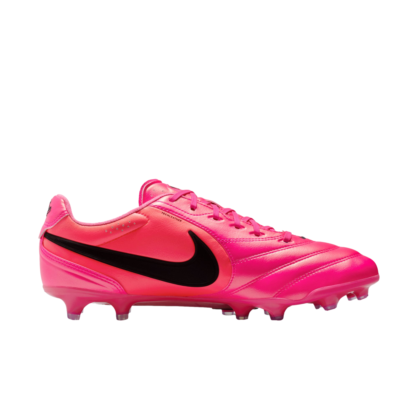 A bright pink Nike soccer cleat with a large black swoosh, shown from the side against a plain white background.
