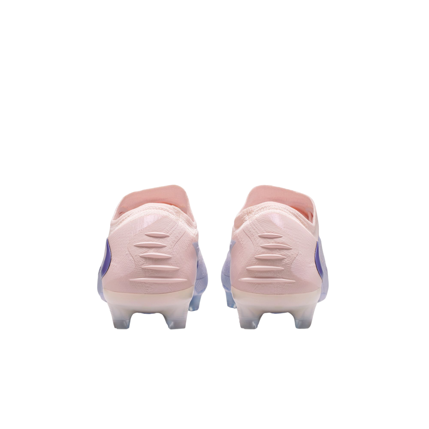 Rear view of two light pink Nike soccer cleats with blue accents and textured heel patterns on a black background.