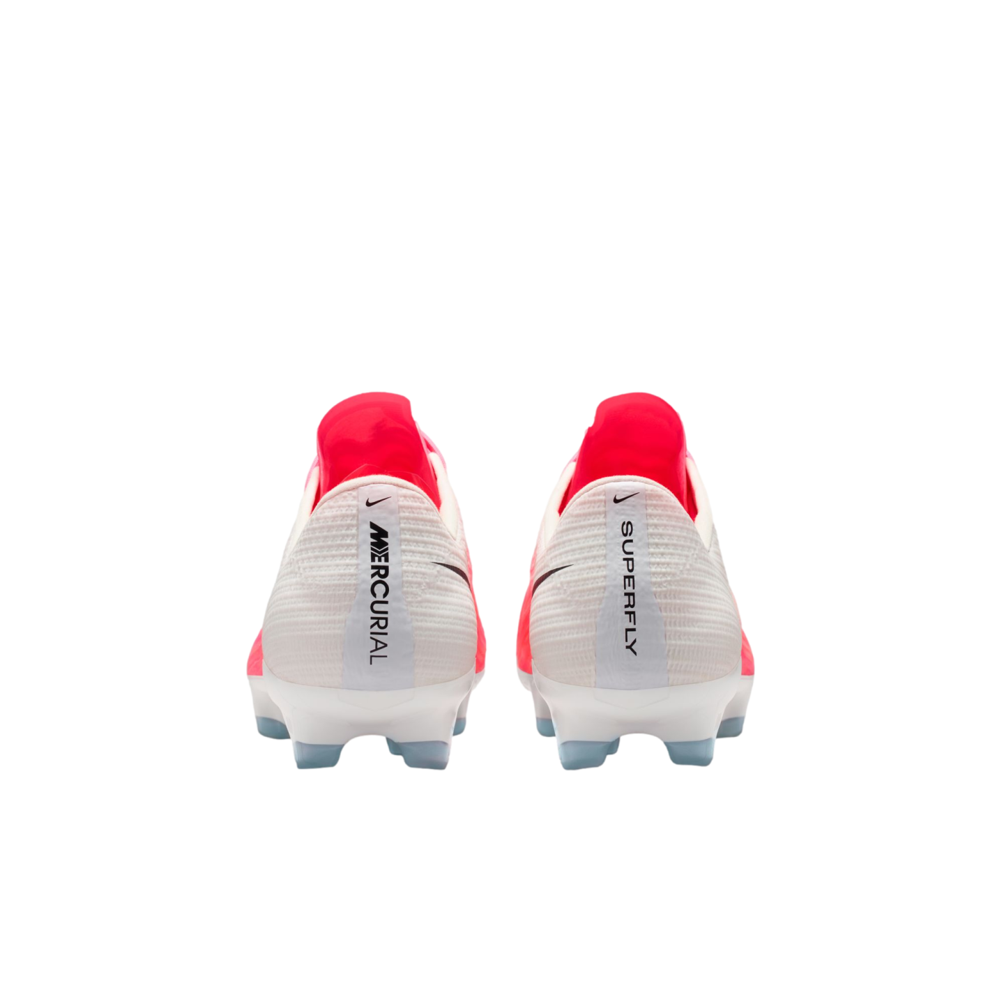 Rear view of white and pink Nike Mercurial Superfly soccer cleats with 'MERCURIAL' and 'SUPERFLY' printed vertically on the heels.