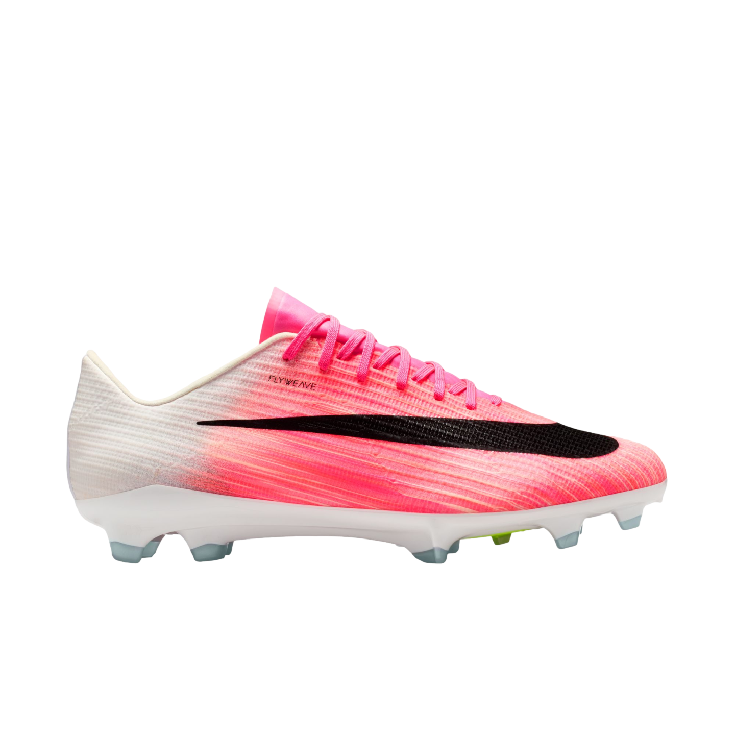 Profile of a pink and white Nike soccer cleat with a large black swoosh and white studded soleplate.