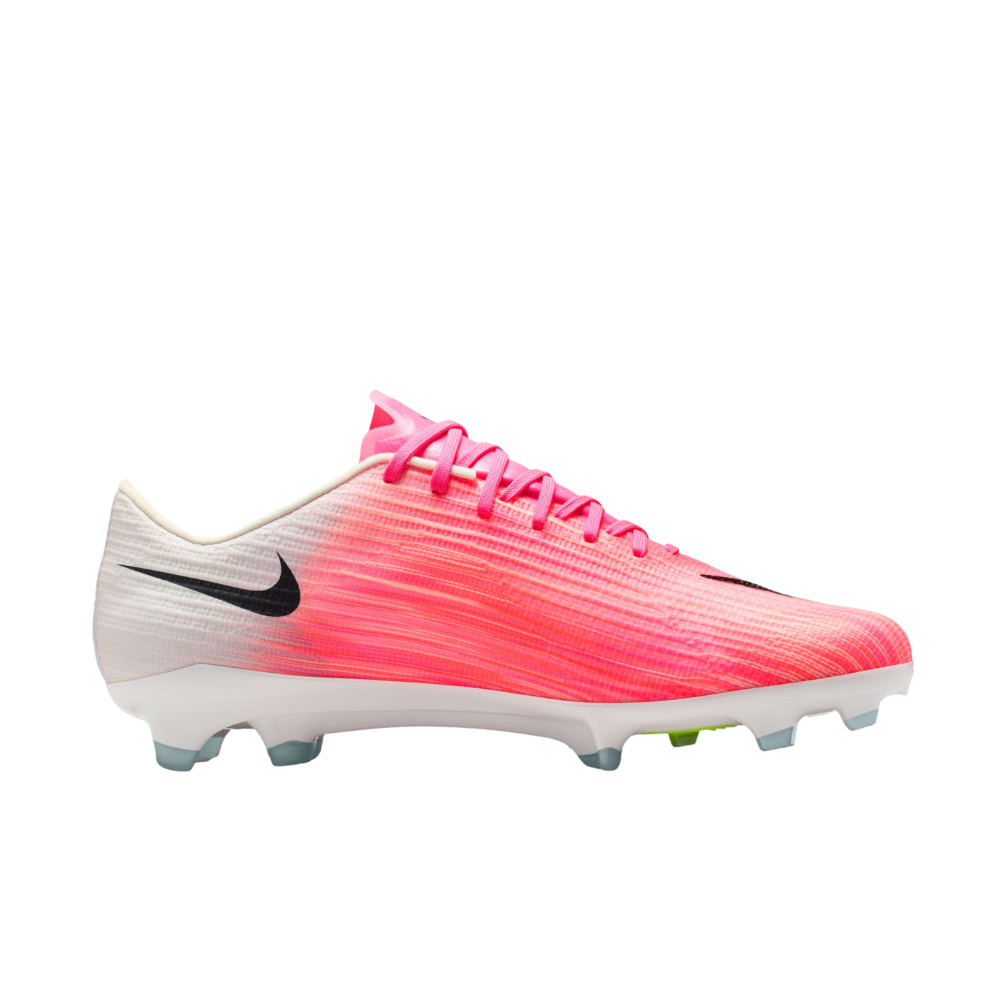 A Nike soccer cleat with a pink and white gradient upper, pink laces, a black heel swoosh, and a white sole with blue-tipped studs, shown from a side profile.