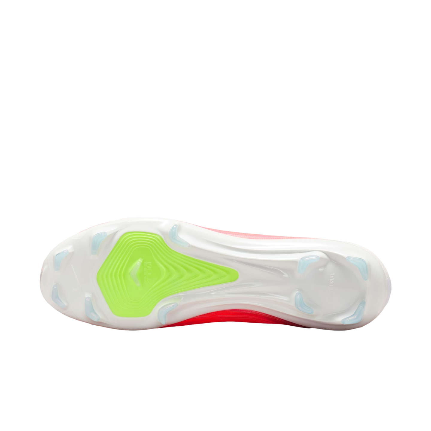 Bottom view of a white Nike Mercurial soccer cleat featuring a lime green forefoot insert, light blue studs, and pink upper details.